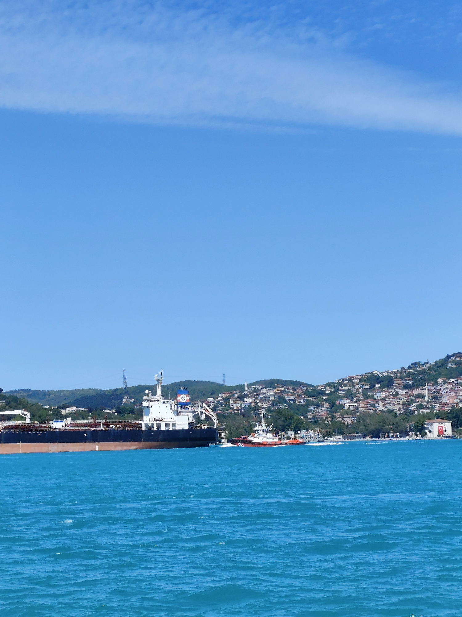 A long-shot photograph depicts a water landscape with a large tanker vessel positioned to the left and a city skyline in the background under a clear, blue sky in Sarıyer, Turkey.
The large tanker is dark-colored with a light upper structure bearing a prominent circular logo. A smaller, red and white tugboat is situated to the right of the tanker. The body of water has gentle ripples and a turquoise hue.
In the background, a hillside is covered with a dense arrangement of buildings and vegetation. Two prominent minarets rise above the cityscape. A white building featuring a Turkish flag is present on the far right of the skyline.
The sky occupies a significant portion of the image and is a uniform, bright blue with a wisp of clouds stretched across it.