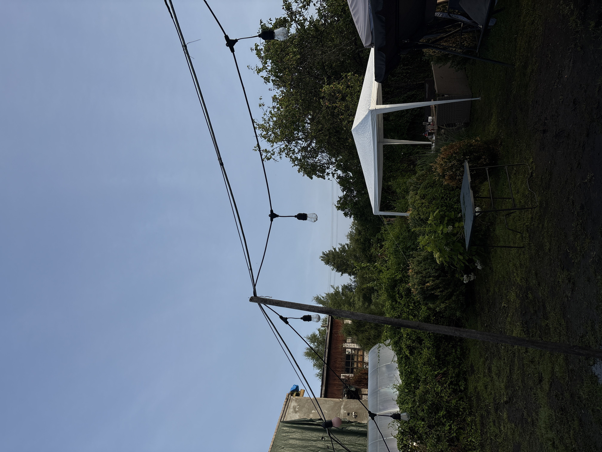An outdoor scene at dusk in Jāņupe, Latvia, shows a backyard area with a white pop-up canopy tent set up over a table with chairs. String lights are suspended from wires overhead, with several bare bulbs visible. To the left of the canopy is a greenhouse or similar structure. A wooden pole supporting some of the wires stands in the foreground. The ground appears to be muddy grass. Trees and dense green bushes are abundant in the background, along with a portion of a building. A swing set is partially visible on the right side of the frame. The sky is a clear, pale blue, indicating either early morning or late evening.