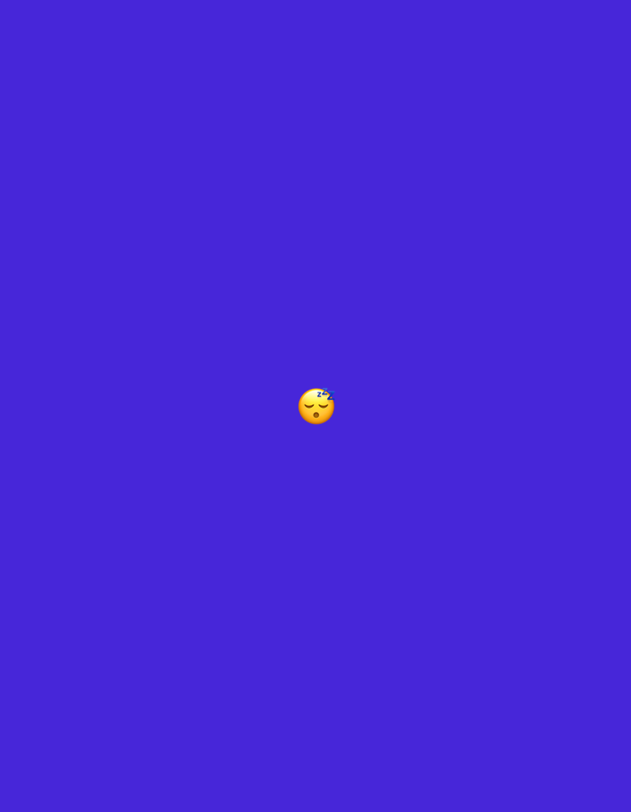 The image features a single, prominent yellow 'sleeping face' emoji (😴), characterized by closed eyes and a small, slightly open mouth, with three 'Zzz' characters emanating from its upper left side. The emoji is positioned approximately in the vertical center and slightly to the left of the horizontal center of the frame. The background is a solid, untextured field of a deep blue-violet hue. There are no other visible subjects, objects, people, or environmental details within the image. The scene lacks any geographical markers, architectural elements, or natural features that would allow for the identification of a specific location. Therefore, it is not possible to ascertain its setting within the city of Santa Ana, Venezuela, or any other real-world environment based on the visual information provided. The image is entirely digital and graphic in nature.