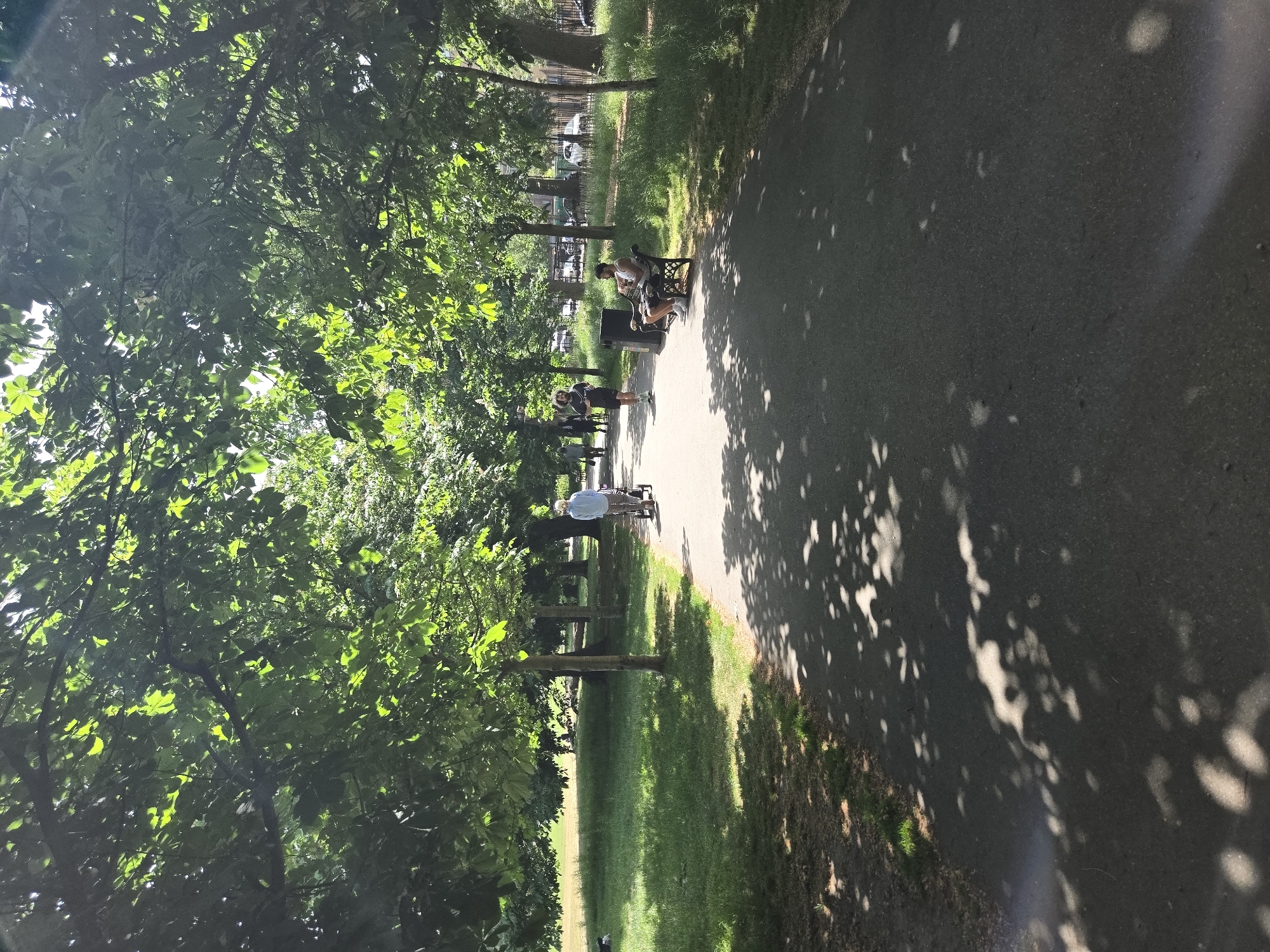 A park path is flanked by green grass and trees with dense leaves. People occupy the path and benches. A man pushes a stroller along the path. Other people stand or sit on benches. The scene suggests a location in London, United Kingdom. Sunlight filters through the leaves, casting shadows on the path.