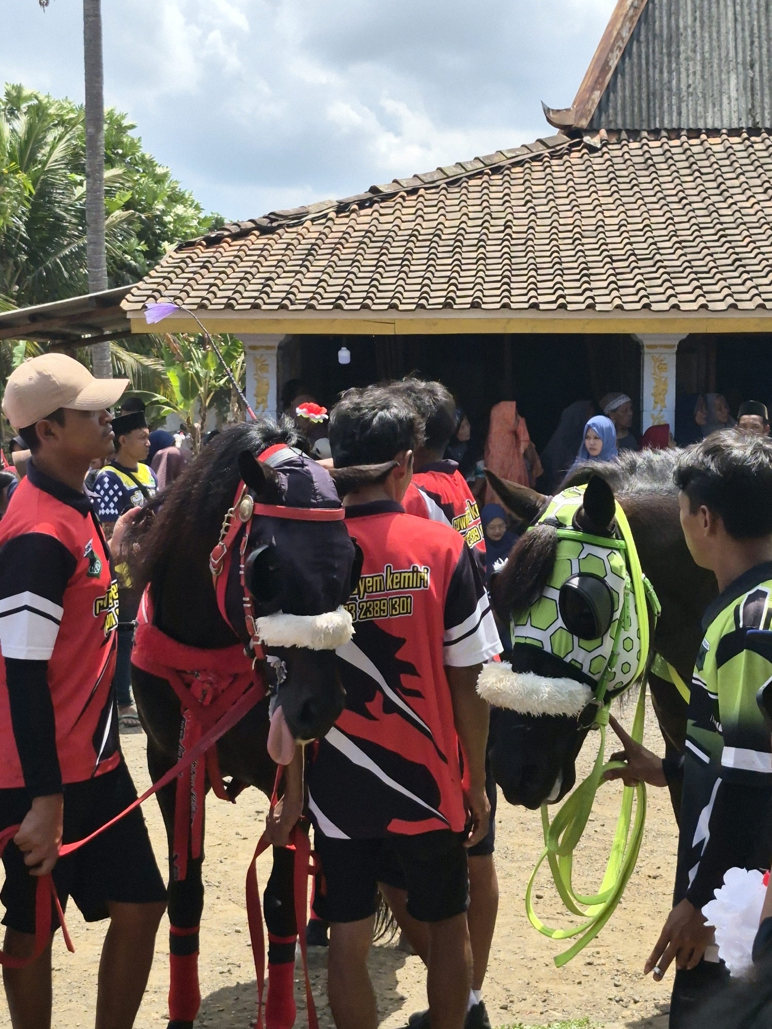 Two horses are in the foreground of a partially outdoor gathering, with a traditional Indonesian building in the background. The horse on the left is black and adorned with a red bridle and decorative saddle pad. The horse on the right is also black but features a green and white patterned face mask. Both horses have dark hair. Several young men, dressed in red and black shirts with white accents, stand around the horses, holding their bridles and reins. One man on the left wears a tan baseball cap. The building has a tiled roof and a yellow facade. The ground is covered with dirt and small pebbles. In the background, other individuals are visible, some wearing headscarves and traditional clothing, suggesting a cultural event. The sky above is cloudy. The scene appears to be a rural area in Grantung, Indonesia, likely during a festival or ceremony involving horses.