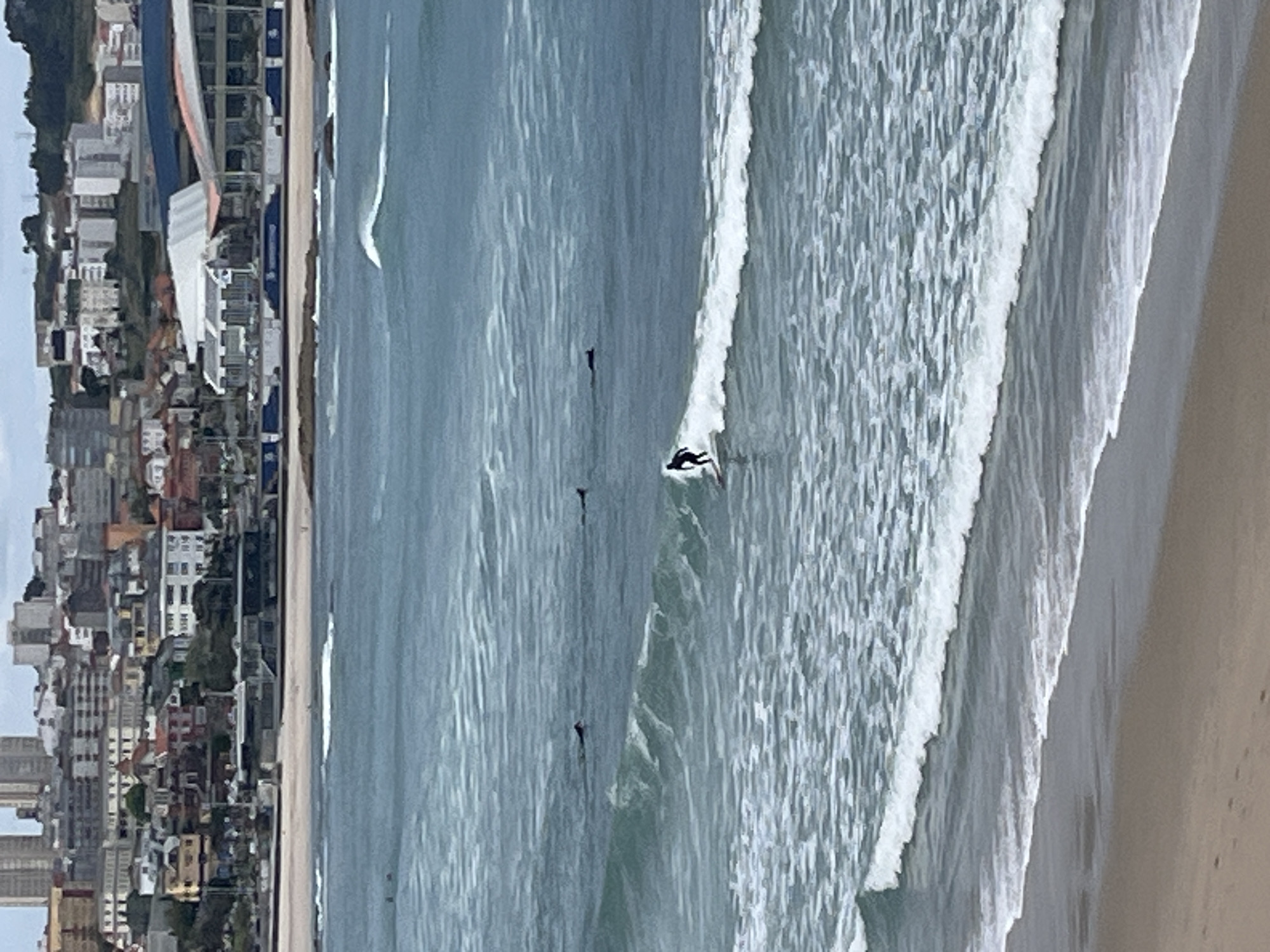 The image captures a dynamic coastal scene in A Coruña, Spain, oriented sideways but depicting a wide stretch of ocean, beach, and city. In the foreground and mid-ground, the Atlantic Ocean is a central feature, characterized by its blue-grey hues and several lines of white-capped waves breaking towards the shore.
The primary activity is surfing. One surfer, clad in a dark wetsuit, is prominently featured actively riding a breaking wave, creating a white spray of water behind them. Further out in the water, at least two other dark figures, presumed to be surfers on their boards, are visible, seemingly waiting for waves.
To the left side of the image (when correctly oriented), a bustling city skyline rises from behind a narrow strip of sandy beach. The city features a mix of buildings, varying in height and architectural style, suggesting both modern developments and older structures. Some green vegetation is interspersed among the buildings, adding a touch of nature to the urban landscape.
The time of day appears to be daytime, with soft, possibly overcast lighting, as there are no harsh shadows. The overall atmosphere is tranquil and leisurely, indicative of a typical beach day. No visible text is present in the image.