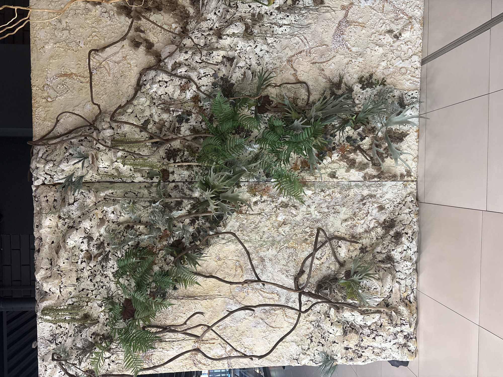 The image shows a close-up of a decorative wall panel in a commercial or public space. The panel appears to be constructed from artificial materials, possibly plaster or a composite, textured to resemble a rough, rocky surface. The color palette is primarily neutral, featuring shades of beige, cream, and gray.
Integrated into the panel are various artificial plants, including ferns and plants with silvery foliage, resembling staghorn ferns or similar species. Thin, winding branches are interwoven throughout the design, adding a sense of depth and naturalism. The panel is constructed from two separate panels that are placed adjacent to one another.
The panel is situated next to a light-colored tile wall and dark colored wall with black bricks.
There is no evidence to confirm this image originated from Hatne, Ukraine. The provided images don't contain geotags or any other identifying information.