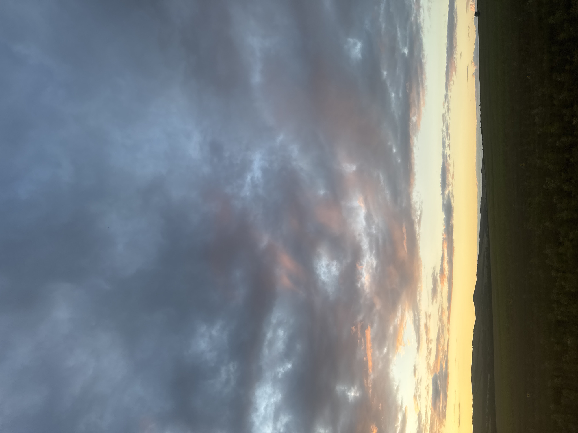 The image depicts a wide, rolling landscape under a dramatic sky at what appears to be either sunrise or sunset. The lower half of the image is dominated by a dark, lush green field, possibly farmland or pasture. In the distance, a series of low, rolling hills form a darker silhouette against the horizon.
The sky above is a canvas of changing light and cloud formations. The upper portion of the sky is filled with heavy, dark gray clouds with hints of blue and lighter gray. Lower down, the clouds are thinner and catch the light of the setting or rising sun, displaying streaks of soft pink, orange, and pale yellow. The transition from the dark clouds to the illuminated band near the horizon is gradual, creating a sense of depth and atmospheric condition. There are no visible people or man-made structures in the immediate foreground or mid-ground. The overall impression is one of natural beauty and tranquility, enhanced by the interplay of light and shadow in the sky and on the land. The location is identified as Vasil'evka, Russia.