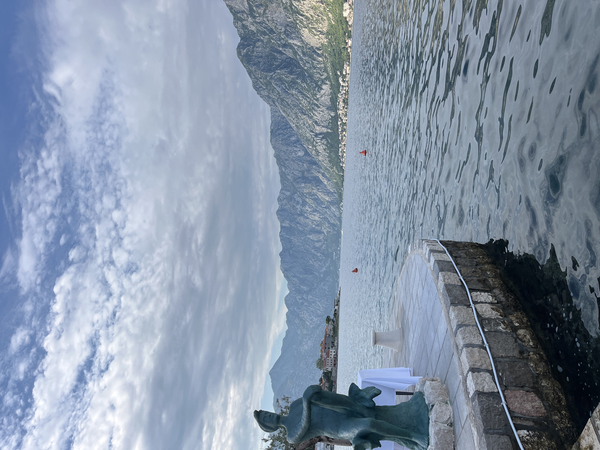 This media file depicts a scenic view of a bay in Kotor, Montenegro. The image is oriented vertically. In the foreground, a bronze statue of a person entwined with a snake stands near a stone-lined walkway and a body of water. The walkway has a tiled surface, leading to a stone embankment. There is a white table covered with a white tablecloth on the walkway.
In the midground, the calm, rippling water of the bay extends towards a distant shoreline dotted with buildings. A small orange buoy is visible in the water. Beyond the town, a massive, imposing mountain range dominates the background, its slopes covered in greenery and rocky textures.
The sky above is partly cloudy, with a mix of white and grey clouds against a blue sky. The lighting suggests it is daytime, possibly late morning or afternoon. The overall atmosphere is peaceful and picturesque, showcasing the natural beauty of the bay and its mountainous surroundings. There is no visible text in the image.