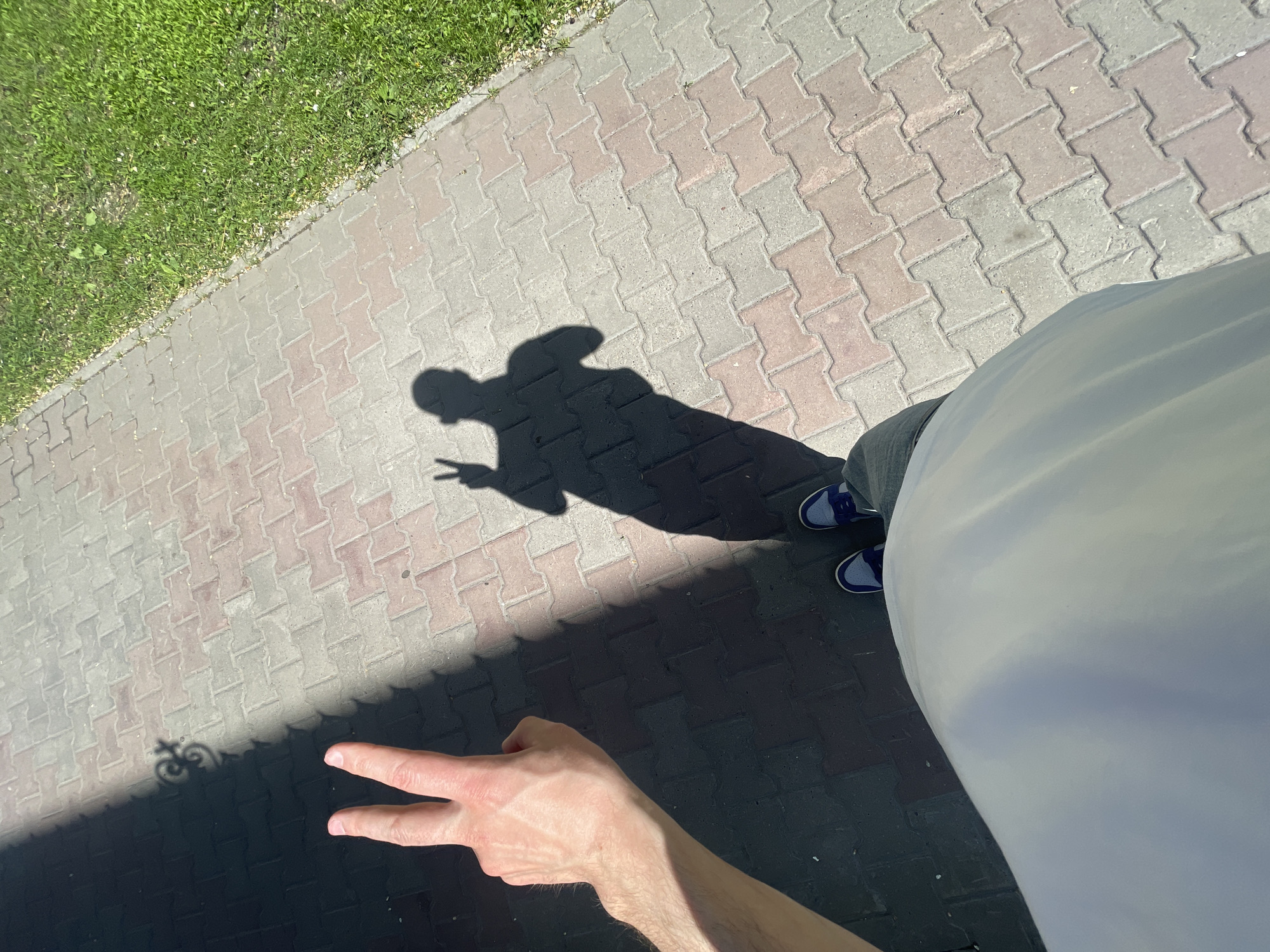 The image presents an overhead view of an outdoor scene on a bright, sunny day, captured from the perspective of a person looking down at their feet and surroundings.
The main subjects are the long, dark shadow of a person, a human hand making a "peace sign" gesture, and the paved ground with a patch of grass. The person's shadow dominates the upper-middle portion of the frame, clearly depicting a head, torso, and an arm with a hand making a peace sign. Below this, a smaller, intricate shadow resembling a bicycle is visible towards the bottom left.
In the foreground on the right side of the image, the photographer's own body is partially visible, primarily their leg and foot wearing blue and white sneakers, and their right arm and hand, also forming a peace sign, extending from the bottom of the frame. The clothing on their leg appears light-colored and out of focus.
The scene is set on a pathway constructed from interlocking concrete pavers, which alternate between grey and reddish-brown hues. To the left of the path, a strip of lush green grass is visible, suggesting a sidewalk or a park pathway.
The presence of strong, distinct shadows indicates bright sunlight, characteristic of a clear day. The angle and length of the shadows suggest the time of day is likely mid-morning or late afternoon. No visible text is present in the image. The overall impression is one of a relaxed moment outdoors in good weather.