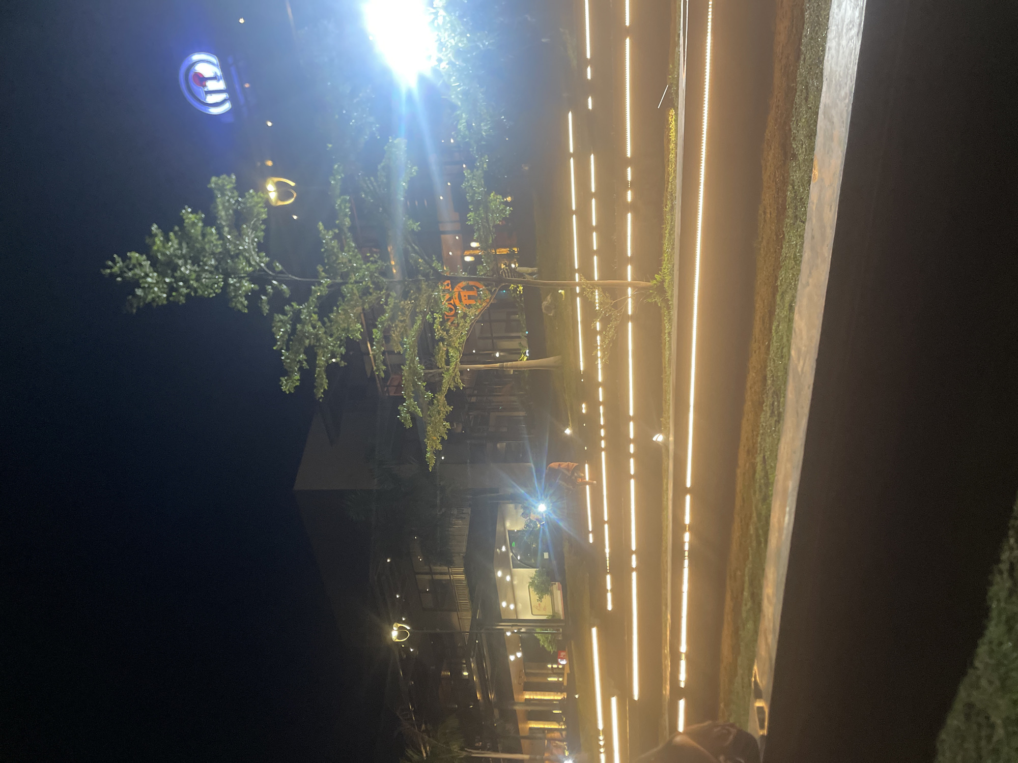 Captured at night in an unknown location, the image shows a street scene with a unique architectural style. The building exteriors feature vertical strips of lights, possibly LED, running parallel to each other, giving a modern aesthetic. A building, partly obscured by a tree, suggests there is a restaurant or commercial establishment nearby, indicated by signage with vibrant colors. The environment is predominantly dark, highlighting the illuminated architecture and signage. There are no discernible people or actions visible, only architectural and environmental details.