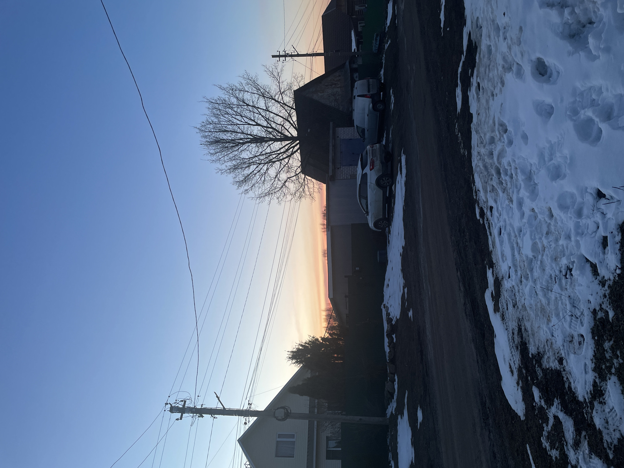 The image depicts a street in Ольховка, Russia at dawn or dusk. The sky transitions from blue to orange near the horizon. Two houses are visible, one partially obscured by trees and utility poles. Two white cars are parked along the side of the street, adjacent to buildings with dark-colored roofs. Patches of snow cover the ground alongside the road. A leafless tree stands prominently in the center of the frame. Utility poles with lines run overhead.