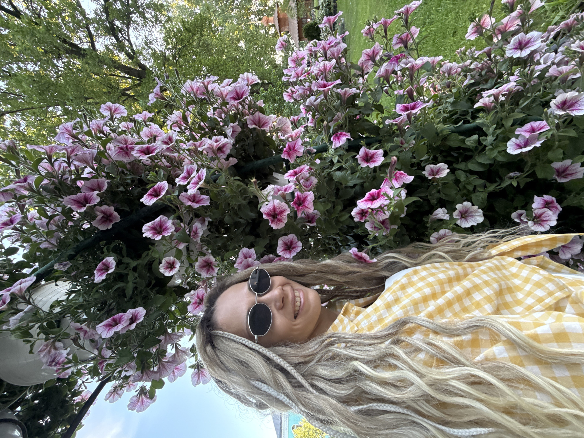 The image depicts a female subject standing outdoors next to a vibrant display of pink and white flowers, identified as petunias, in Kuznechikha, Russia. The subject, positioned on the left side of the frame, has long, wavy blonde hair with several braided or twisted sections, and wears dark oval sunglasses with silver-colored frames. She is smiling, revealing teeth, and is dressed in a yellow and white gingham (checked) patterned button-up shirt over a white undergarment.
The flowers, predominantly white with prominent dark pink or purple veins, are densely arranged and appear to grow vertically along a green support structure, forming a wall-like display. Some flowers emanate from white hanging planters visible at the top. In the background on the left, a clear blue sky is visible, along with a distant light-colored building. To the right, a lush green environment includes mature trees with dense foliage and a patch of grass. A distinctive small, wooden structure with an onion-domed roof, characteristic of Russian architecture, is partially visible in the mid-ground among the trees. The scene is illuminated by natural daylight.