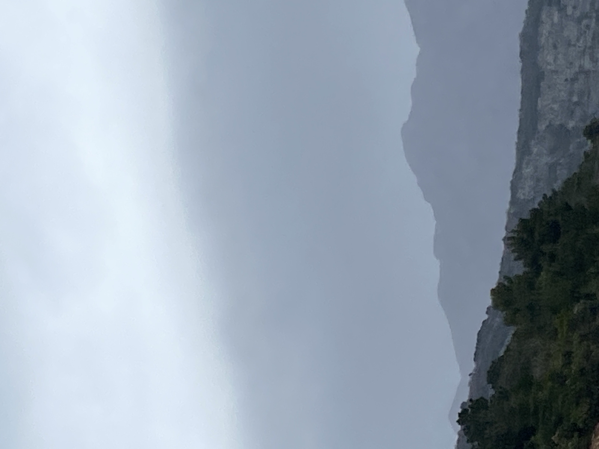 The image depicts a foggy mountain landscape, likely near Budva, Montenegro. Two mountain ranges are visible, the closer one partially covered with dense trees. The sky is overcast and grey. No people or specific objects are discernible. The scene suggests a rural, mountainous environment during inclement weather.
