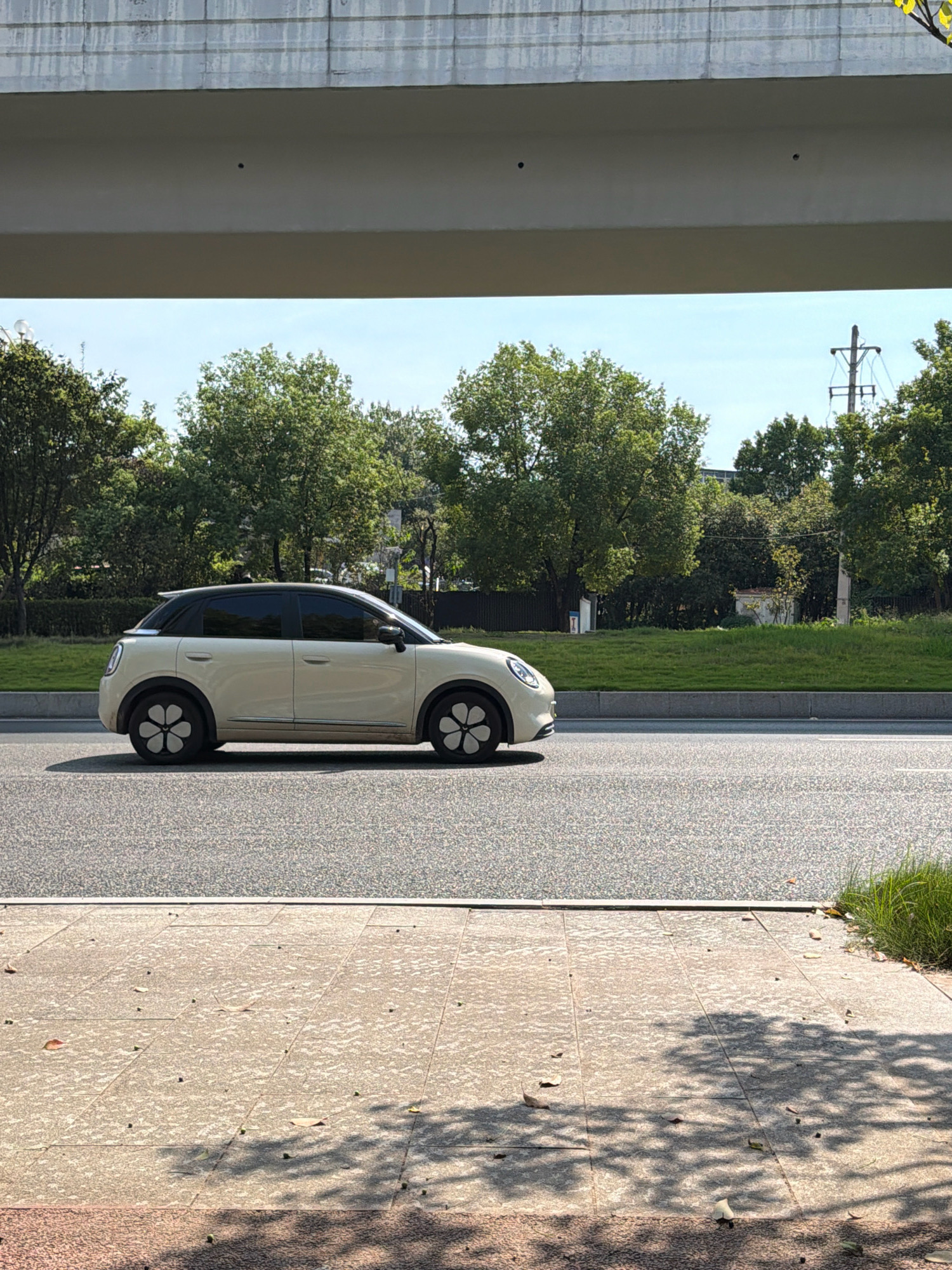 A light-colored, compact electric car with a black roof is parked on the side of a paved road. The car has distinctive flower-shaped wheel rims. The road is bordered by a strip of green grass and then a line of trees. Above the road, a concrete overpass is visible. The sky is clear and blue. The foreground shows a tiled pedestrian walkway with scattered leaves and shadows of tree branches. The overall scene suggests an urban or suburban setting in Jiangjin, China, during daylight. There are no people visible in the image.