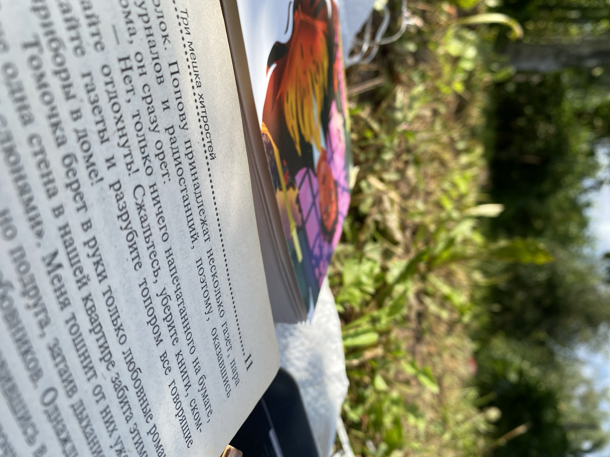 The image shows an open book with text in Russian, lying on a white surface outdoors. In the foreground, the pages of the book are clearly visible, with some text in focus. The text appears to be part of a narrative or a collection of sayings. In the background, the image is blurred, showing greenery and hints of trees, suggesting an outdoor setting like a park or a backyard. A colorful illustration is visible on the edge of the book's pages. No people are visible in the image. The scene is likely in the city of Elovo, Russia, given the context, but this cannot be definitively confirmed from the image alone. The overall impression is a tranquil moment of reading outdoors.