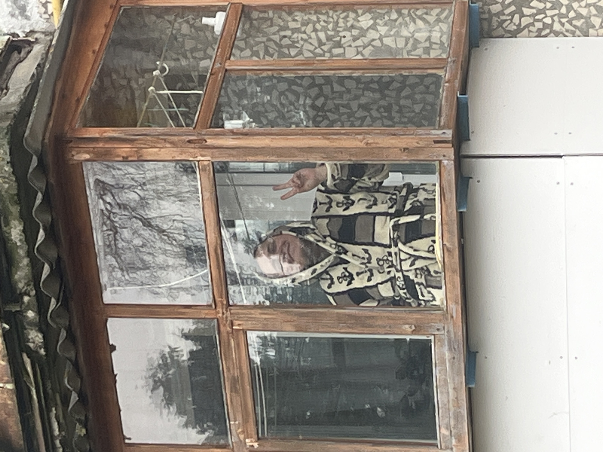 The image shows a man reflected in a multi-paned window with a wooden frame. He is wearing a patterned robe and making a peace sign. The window is partially obstructed by a tree branch and a white wall. The location appears to be Раздолье, Russia.