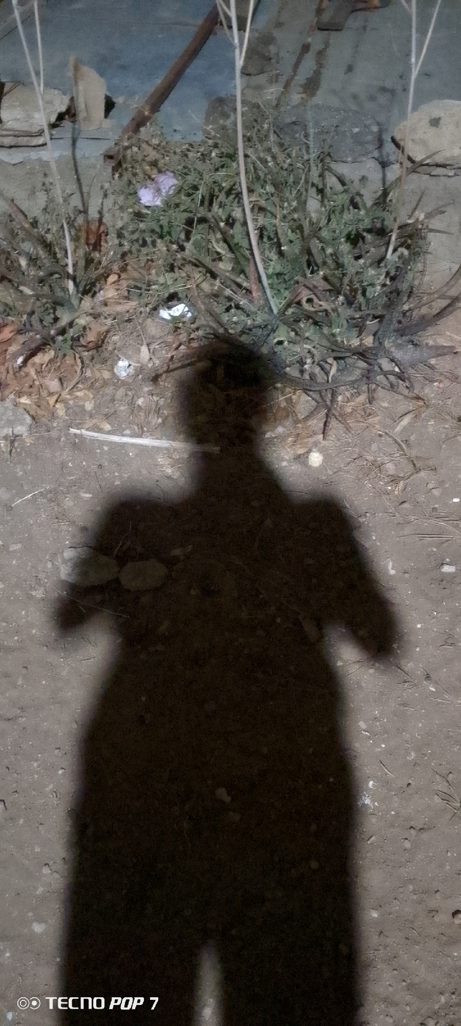 The image depicts a shadow cast on the ground in an outdoor setting, possibly in Altagracia, Venezuela. The shadow appears to be that of a person standing near some vegetation. The ground is dirt or gravel. A building or wall is visible in the background. The overall lighting indicates it is either nighttime or a very dimly lit area. The logo "TECNO POP 7" is present at the bottom left corner of the image.