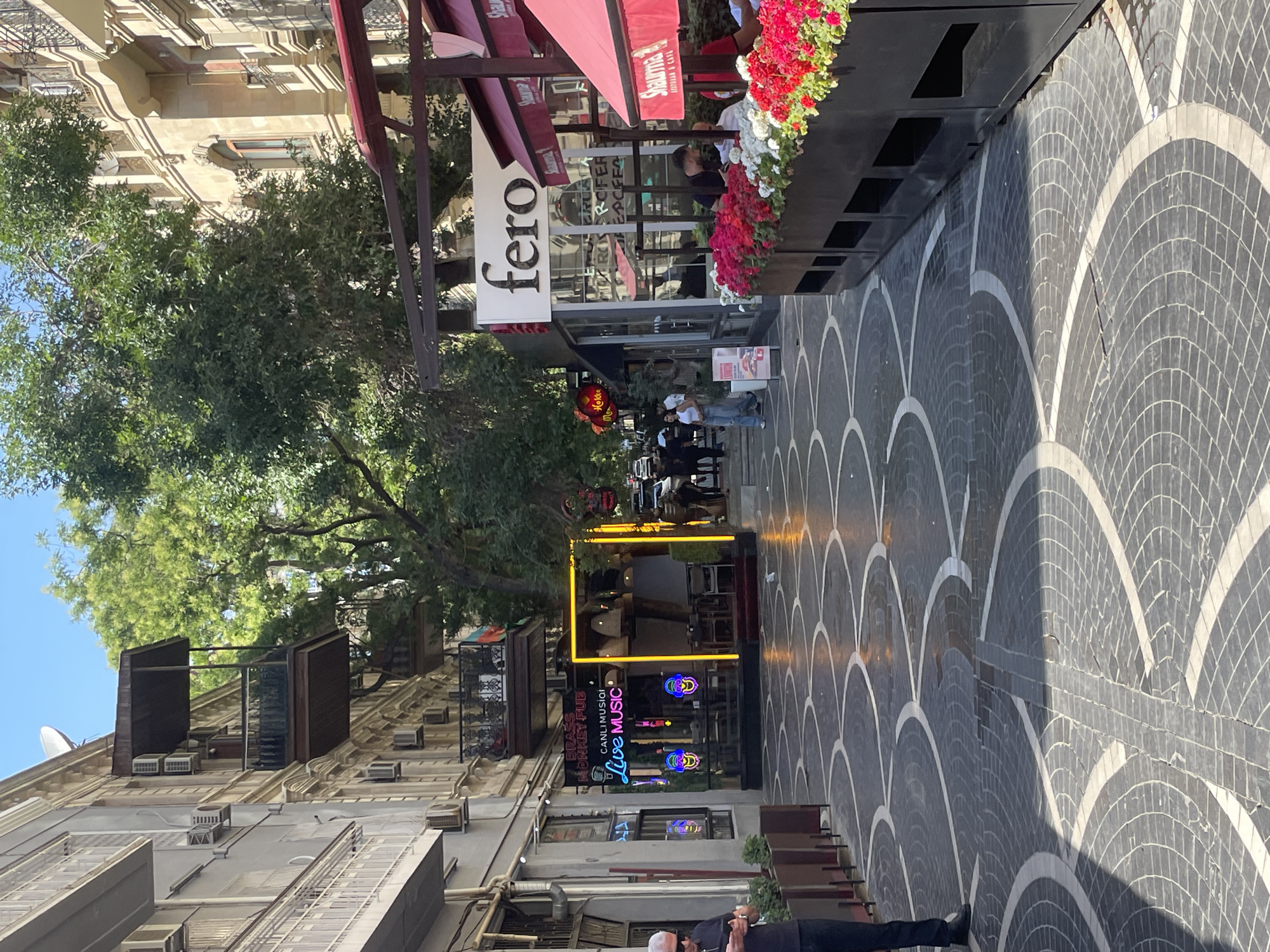 The image depicts a street scene in Sabail Raion, Azerbaijan, characterized by a pedestrian walkway paved with dark gray stone tiles arranged in a circular pattern with white grout lines. The walkway is flanked by buildings on the left and outdoor seating areas of establishments on the right. Trees with lush green foliage line the street, providing shade.
On the left side of the walkway, a building with balconies and air conditioning units is visible. Adjacent to it, a business with neon signs reads "CANLI MUSIQI LIVE MUSIC" and "BRASS MONKEY PUB". Inside the establishment, tables and chairs are set up.
On the right side, outdoor seating areas are set up with tables and chairs under red awnings. Planters filled with vibrant red and white flowers, likely petunias, are positioned along the edge of these seating areas. A sign with the word "fero" is prominently displayed above one of the establishments.
Several individuals are present in the scene. On the left, a man wearing a dark shirt and pants is looking down at his phone. Further down the street, a group of people can be seen walking. In the outdoor seating area on the right, several individuals are seated at tables.
The environment suggests a lively urban setting, possibly a commercial or entertainment district, with businesses and pedestrian activity. The presence of neon signs and outdoor dining indicates a vibrant atmosphere. The sky above is clear and blue.