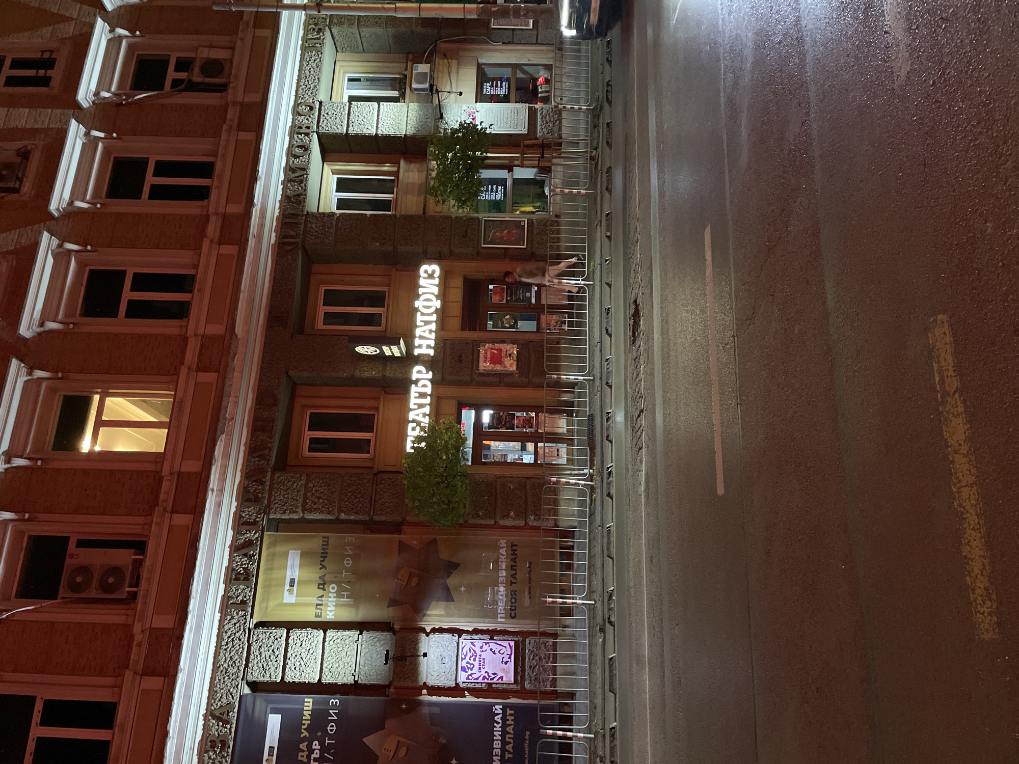 The image depicts the exterior of the National Academy for Theatre and Film Arts (NATFIZ) in Sofia, Bulgaria, at night. The building has a classical architectural style with multiple stories and windows. A prominent sign in Cyrillic, "ТЕАТЪР НАТФИЗ", indicates the theater. Banners and posters are placed along the facade. Metal barriers line the sidewalk in front of the building. A person is standing at the theater's entrance. The street appears wet and reflects the ambient light.