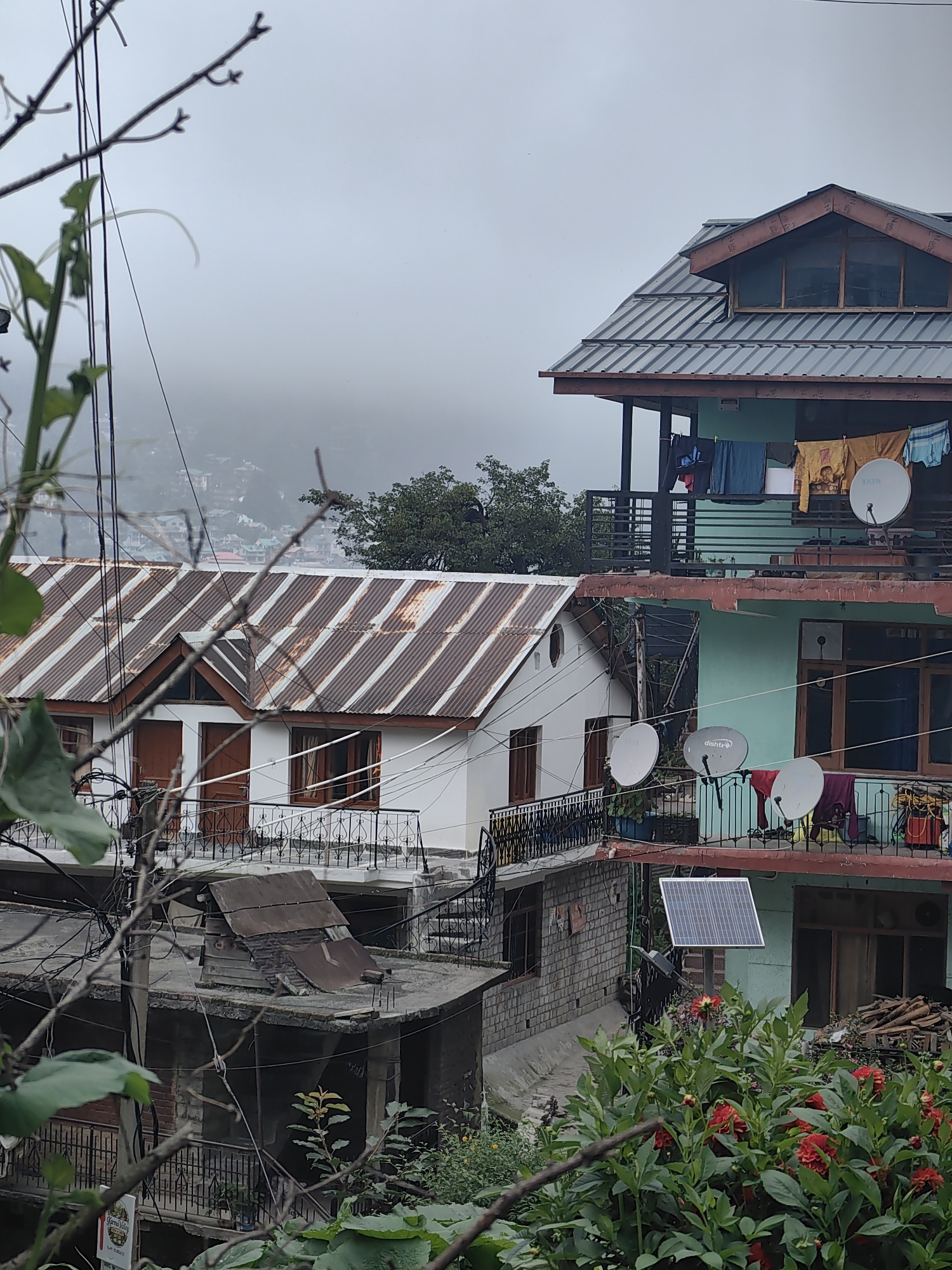 This image depicts a residential area in Vashisht, India, with a view of multiple buildings and the surrounding misty landscape. In the foreground, a tree branch with leaves and electrical wires partially obscures the scene. The middle ground features several structures: a white building with a corrugated metal roof, another building painted a light green with balconies adorned with satellite dishes and drying laundry, and a multi-story brick building. A solar panel is visible on the side of the green building. The background shows more buildings cascading down a hillside, partially obscured by fog, suggesting a hilly or mountainous terrain. The overall atmosphere is overcast and cloudy. There are no people visible in the image, and the focus is on the architecture and urban environment.