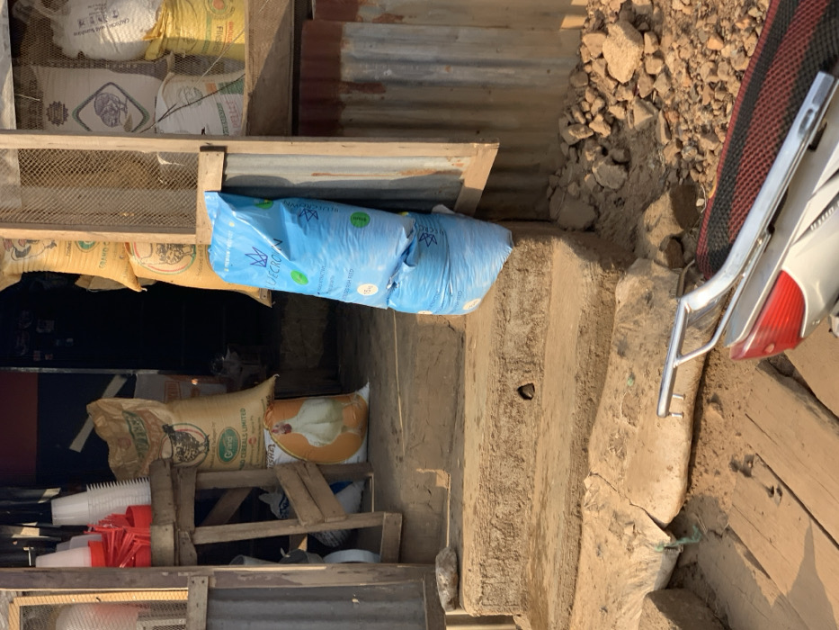 This image depicts the entrance of a commercial establishment, likely an agricultural or animal feed supply store, located in Kabba, Nigeria. The scene is illuminated by strong daylight, indicating an outdoor setting.
The foreground features rough wooden planks on the ground, with a partial view of a silver motorcycle or scooter in the lower right. The motorcycle shows a black and red striped seat, a silver grab rail, and a red taillight. Beyond the planks, the ground is unpaved, consisting of dry earth and scattered small rocks.
Two unadorned concrete steps lead up to an open doorway. The shop's facade consists of wooden framing and corrugated metal sheeting on the right. Leaning against this structure, to the right of the steps, are two stacked, light blue plastic sacks marked "BLUECROWN PREMIUM FISH FEED 15KG," each featuring a fish graphic and a crown logo.
Inside the doorway, various sacks are visible. In the center, a large tan sack displays "Grand Cereals Limited" text and a chicken graphic. Directly below it, another sack features a prominent image of a white chicken. To the far left, within the shop's opening, multiple white plastic poultry feeders and several red plastic components (possibly feeder bases or waterer parts) are stacked on or near a wooden frame. The interior of the shop beyond these items appears dark. No individuals are visible in the frame.