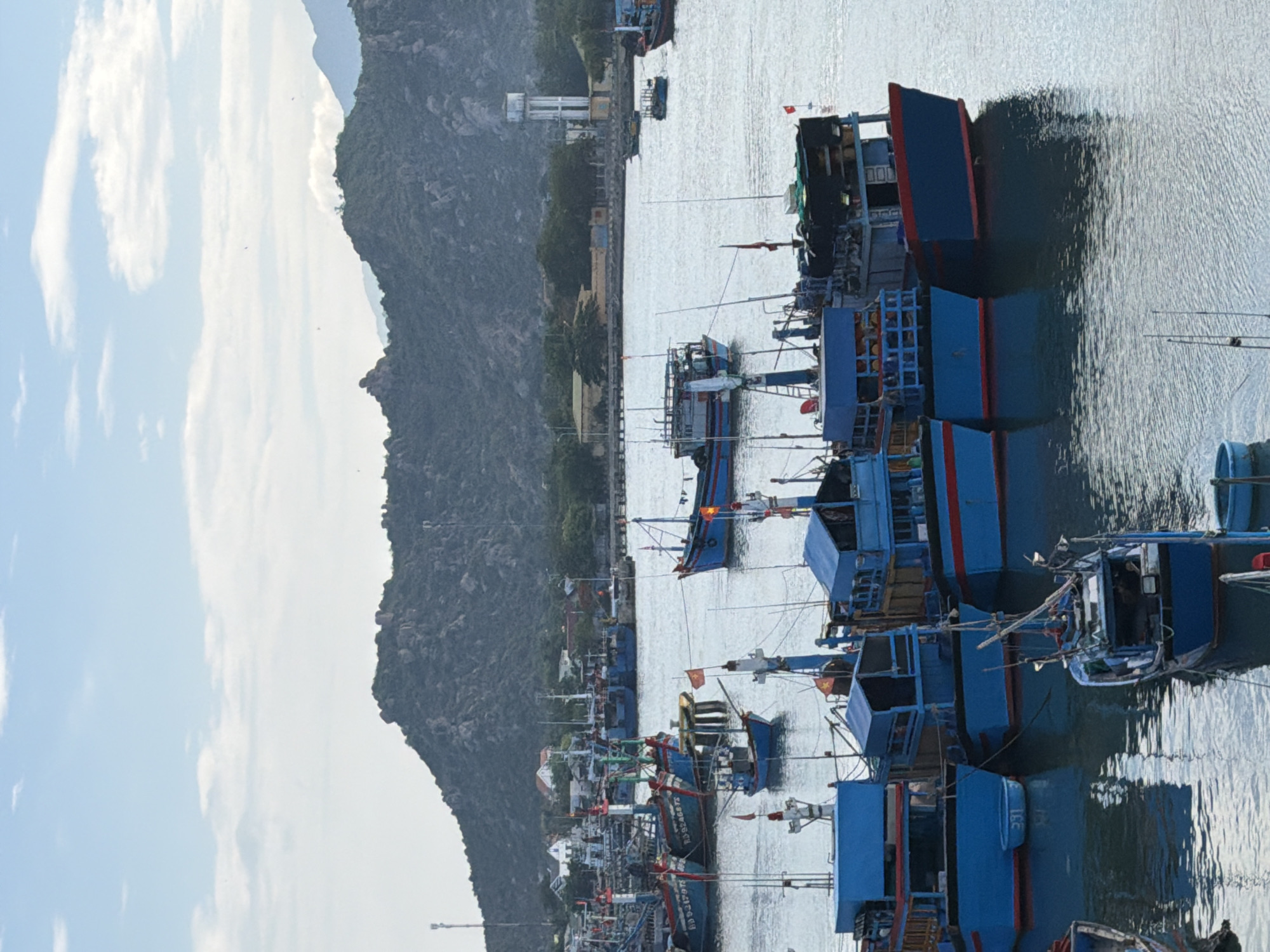 This image captures a vibrant fishing harbor scene, likely in Ninh Chu Ward, Vietnam, given the geographical context. The foreground and midground are dominated by numerous fishing boats, primarily painted in striking blue with accents of red and white. These boats, varying in size, are closely docked along what appears to be a pier or shoreline, with their reflections visible in the calm water. Many boats display the red flag with a yellow star of Vietnam.
In the background, a series of dark, rocky mountains or large hills covered in sparse vegetation rise prominently, defining the landscape. Along the base of these mountains, between the land and the water, several indistinct buildings and structures can be seen, including a tall, white tower-like structure, possibly a water tower or part of a lighthouse, further inland. The sky above is a bright, clear blue, adorned with scattered white, wispy clouds, suggesting fair weather and daytime.
The boats appear to be idle, possibly docked between fishing trips or undergoing maintenance, as there are no visible signs of active fishing or movement. The overall atmosphere conveyed is one of quiet industry and a tranquil coastal environment.
Notable visible text includes a registration number "N.B.924697X" on the side of one of the blue boats, and the numbers "381" on a blue drum or buoy on another boat. No discernible people are clearly visible in the scene.