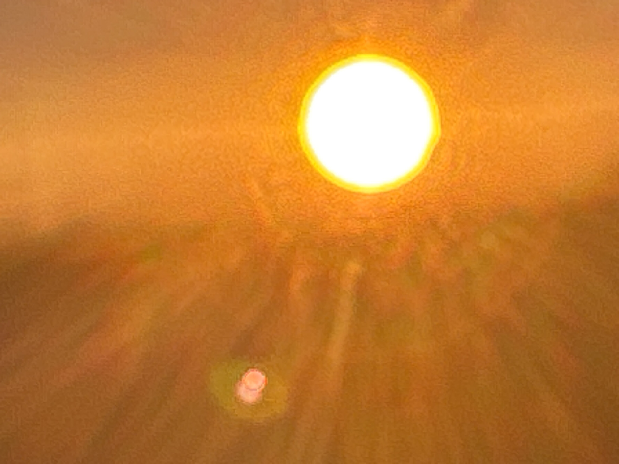 The image depicts a bright, glowing sun, appearing as a large, luminous circle in the upper center of the frame. The sun is radiating an intense, warm light, casting a golden-orange hue across the entire image. This atmospheric condition suggests it could be sunrise or sunset, with the light being diffused by particles in the air, creating a hazy effect. The sun's glare is so strong that details within its immediate vicinity are washed out, but subtle lens flares and light refractions are visible, emanating outwards from the sun.
In the lower portion of the image, there is a smaller, distinct circular phenomenon. This appears to be a lens flare or possibly another light source, characterized by a soft, reddish-pink glow surrounded by a halo of green and yellow. It is positioned significantly lower and to the left of the main sun disk. The background is an abstract wash of oranges and yellows, with a textured appearance that could be due to atmospheric haze, light scattering, or the digital nature of the image itself.
There are no discernible people, specific objects, or text in the image. The scene is entirely dominated by the sun and its atmospheric effects. The overall impression is one of intense light and warmth, characteristic of a powerful sun on the horizon or seen through a filter. Given the location context of Sochi, Russia, this image might capture a sunrise or sunset over the Black Sea or the surrounding landscape.
