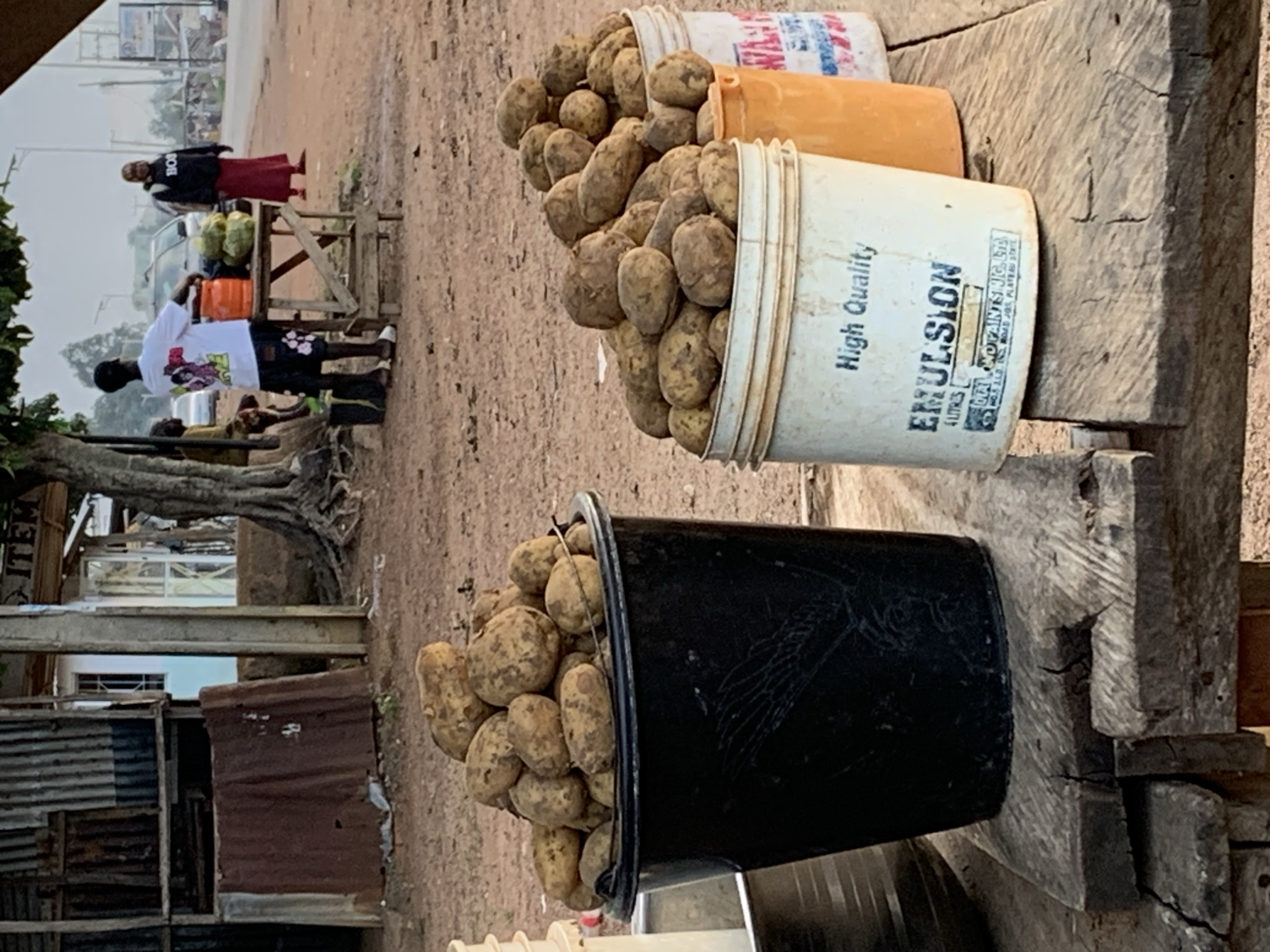 In Kuru Karama, Nigeria, a low-angle, medium shot captures a rustic roadside scene. Two large buckets, overflowing with potatoes, are prominently displayed on weathered wooden planks. The bucket on the left is black, while the one on the right is white and features the text "High Quality EMULSION". Behind the buckets, a larger black bucket also filled with potatoes is visible.
In the background, a young man in a white t-shirt and patterned shorts stands near a wooden table laden with produce, including what appear to be watermelons and an orange propane tank. A woman in a red skirt and dark jacket, with the word "BOSS" visible on her jacket, stands further down the road. The environment suggests a bustling market or roadside stall, with a dirt ground and a corrugated metal structure on the left side of the frame. Trees with exposed roots frame the scene, and in the distance, a road with vehicles and more market stalls can be seen. The overall atmosphere is that of a typical Nigerian street market.