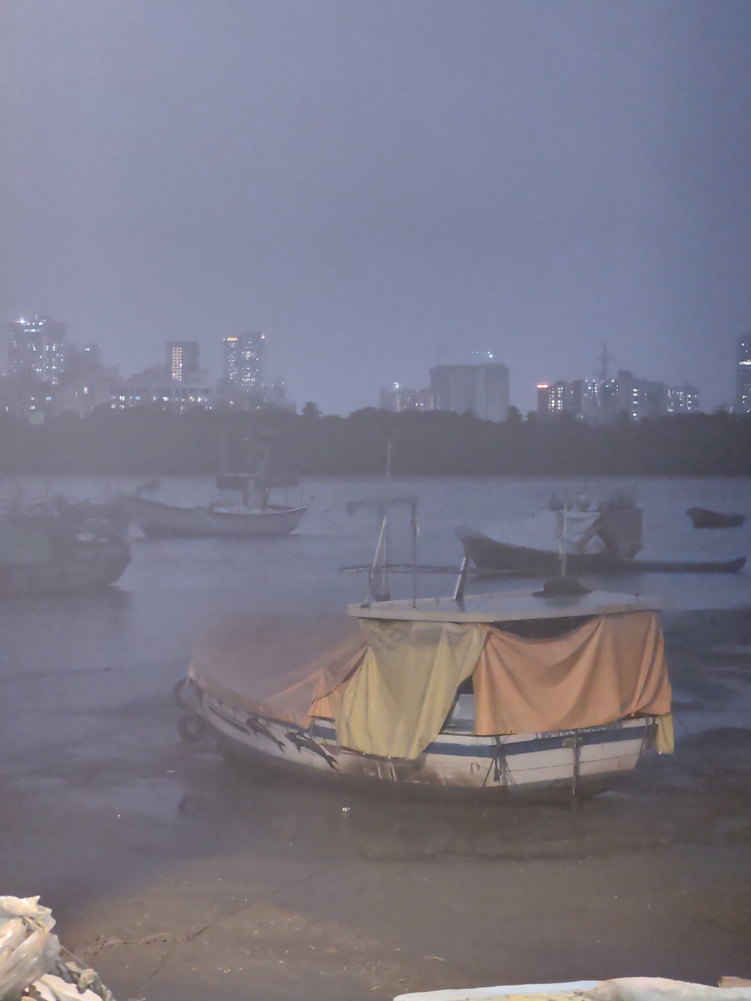 The image depicts a waterfront scene in Gorai, India, likely during or after a rainfall, given the overcast sky and wet appearance of the ground and water. The cityscape of Gorai is visible in the background, characterized by a cluster of high-rise buildings with illuminated windows, suggesting it is either dusk or evening. In the foreground and mid-ground, several boats are moored in shallow water or on a muddy bank. The most prominent boat in the foreground is partially covered with a draped yellow and orange tarp. This boat is white with a blue stripe and features a silhouette of dolphins painted along its hull. Another boat, larger and further back, is also visible, partially obscured by mist or rain. The water appears calm, reflecting the muted light. The ground is a mix of mud and shallow water, with some debris visible in the lower left corner. The overall atmosphere is subdued and somewhat hazy, contributing to a sense of quietude.