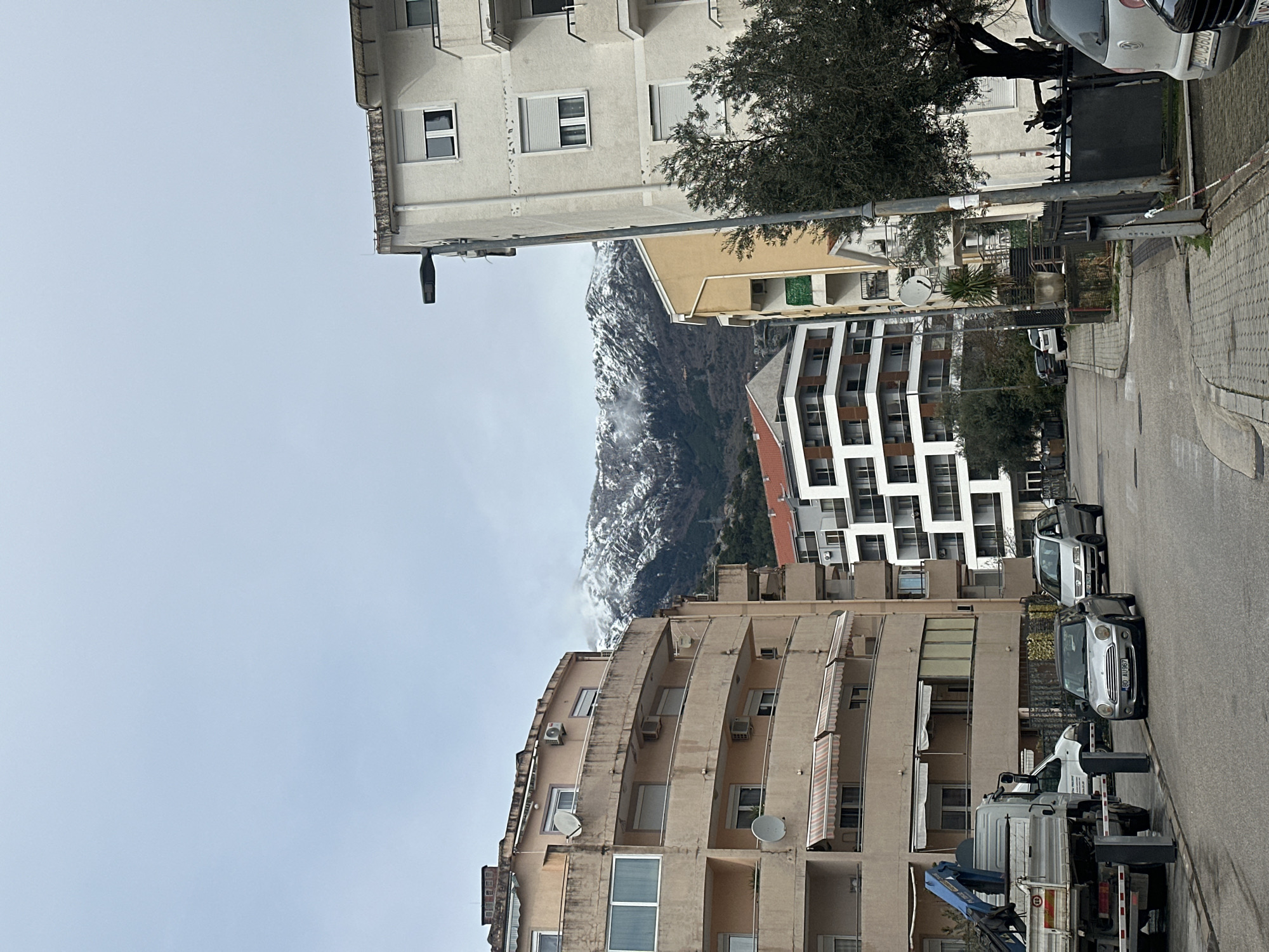 The image depicts an urban street scene in Budva, Montenegro, under an overcast sky, with distant snow-capped mountains visible in the background. The scene is devoid of people.
In the foreground, an asphalt road runs from the bottom-center towards the background, flanked by paved sidewalks. On the left side of the road, a white flatbed truck with a blue hydraulic crane arm is parked next to two dark-colored bollards. A white van is partially visible behind the truck. Directly in front of the truck, a silver Mini Cooper, bearing the Montenegrin license plate "BD AU967", is positioned on the road. Behind the Mini Cooper, a silver minivan or SUV is visible, with its Montenegrin license plate "BD AU5xx" partially legible.
To the left of the road, a multi-story, curved residential building with a light beige or peach facade dominates the mid-ground. This building features multiple balconies, some with red and white striped awnings, as well as visible satellite dishes and air conditioning units.
On the right side of the road, a tall, light-colored apartment building with multiple windows (some with closed external shutters) and small balconies is partially obscured by a dark-leaved tree, likely an olive tree. A grey street light pole stands prominently in front of this building. A black metal fence borders the property on the right.
Further down the street, various other multi-story residential buildings are visible, including one with modern white facades, dark-framed balconies, and a red-tiled roof, and another painted yellow. Several additional vehicles are parked along the street in the background.
