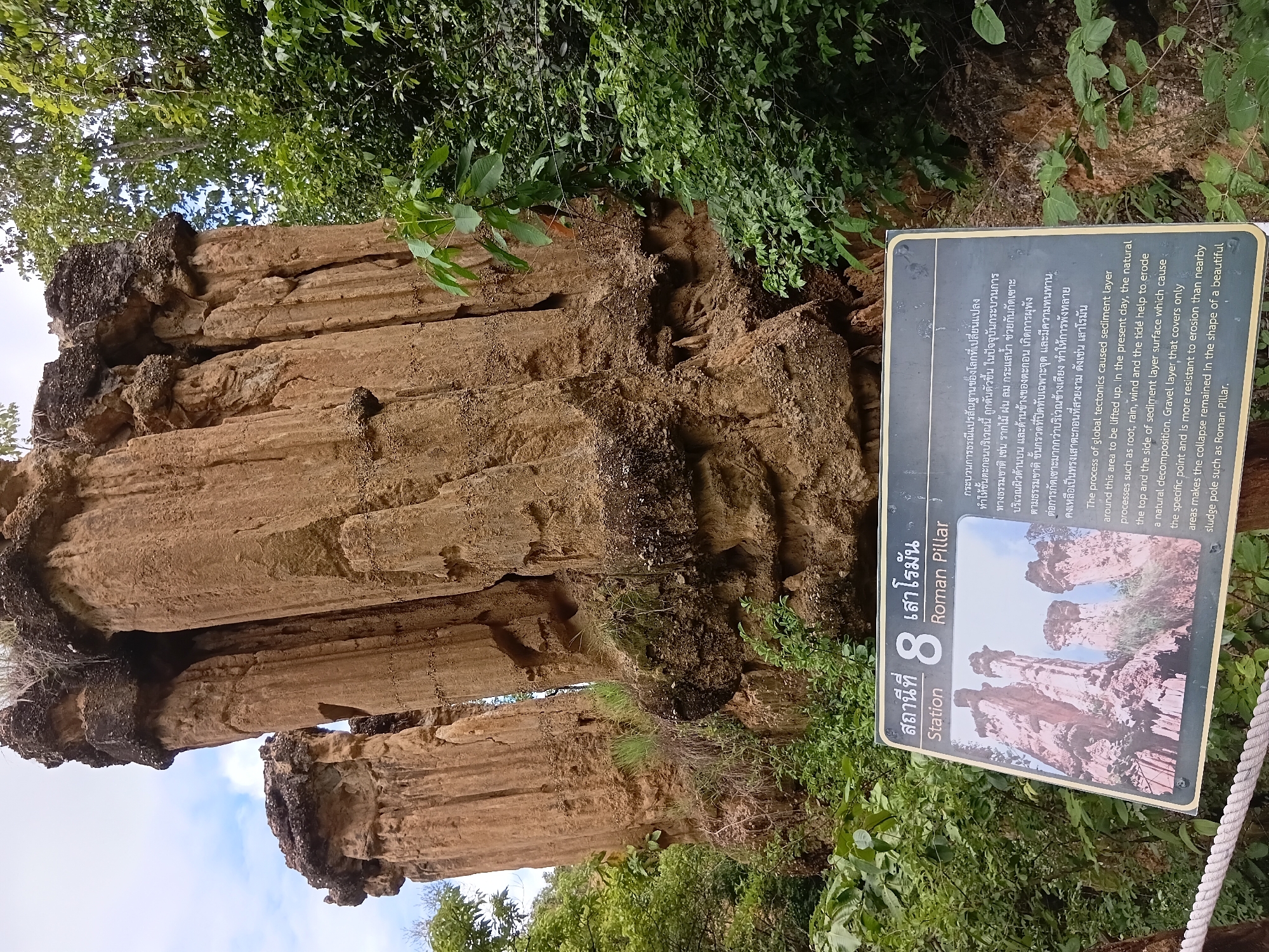 The image shows the "Roman Pillar" at Station 8, located in the city of Santi Suk, Thailand. The scene features a geological formation of tall, slender, weathered stone pillars rising from a densely vegetated area. The pillars are a light brown color and appear to be composed of layered sediment. Lush green foliage, including trees and smaller plants, surrounds the base of the pillars and extends into the background, suggesting a natural, outdoor environment. A signpost with text in both Thai and English is positioned in the foreground, providing information about the geological process that created these formations. The sign also includes a smaller image of similar rock pillars. There are no people visible in the image. The overall impression is one of a natural wonder with educational context provided by the sign.