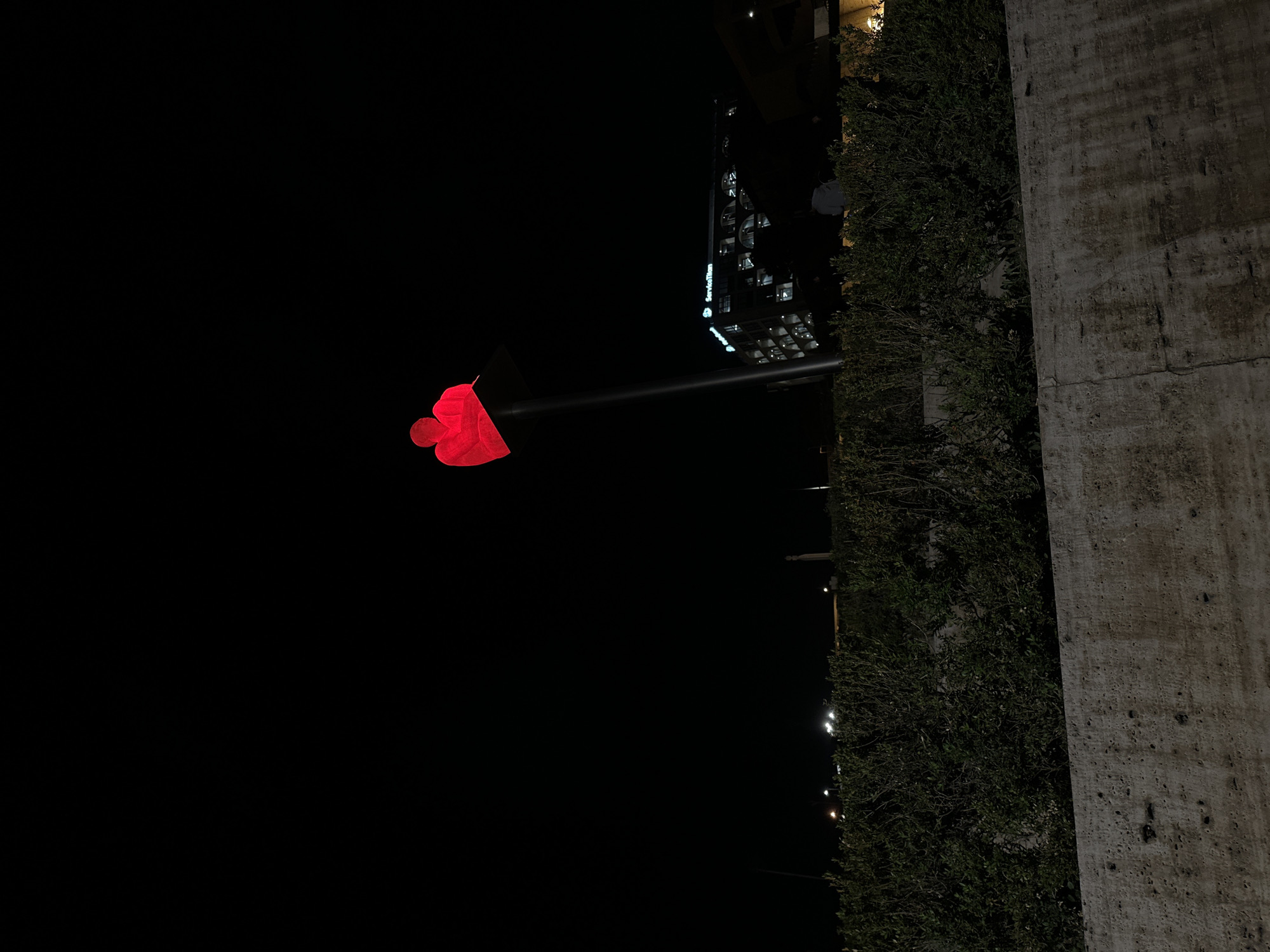 The image shows a night scene in Yerevan, Armenia, featuring a bright red heart-shaped traffic light. The light is mounted on a black pole, contrasting with the dark sky. A building with visible windows and the word "ServicesTitan" is in the background. A hedge runs along the right side of the frame, next to a concrete wall.