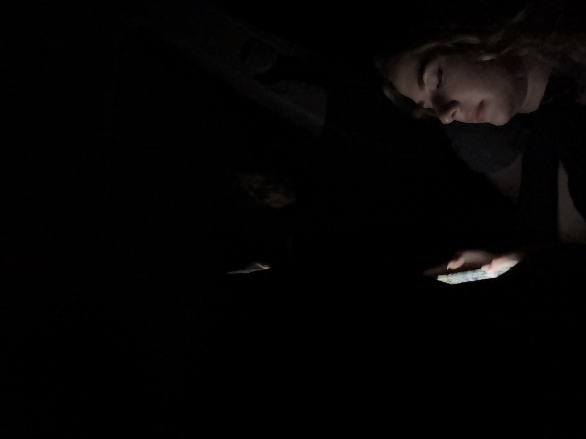 A person with light, wavy hair is holding a cell phone in their right hand. The scene is dark and dimly lit by the cell phone screen. There is another person in the background, but they are mostly obscured by the darkness. The location is not identifiable from the provided image.