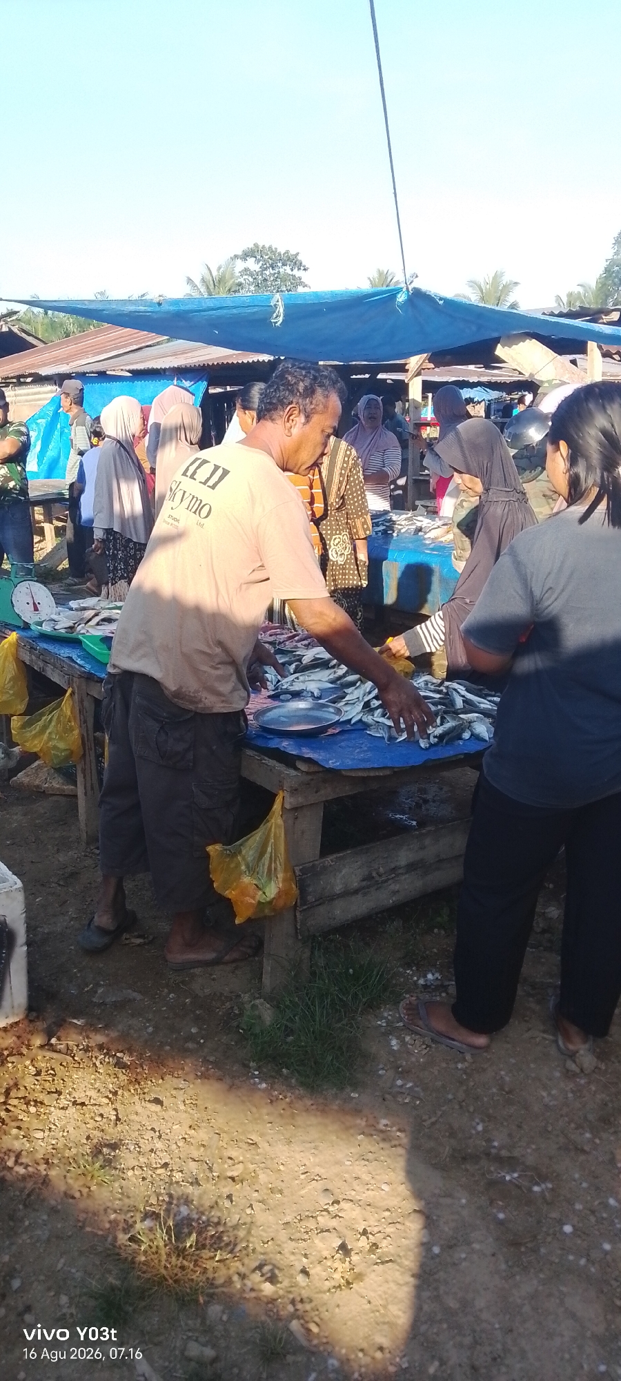 The image depicts an outdoor fish market scene in Palosilae, Indonesia, likely during daylight hours given the bright illumination and shadows. A group of people are gathered around a wooden table covered with a blue tarp, where piles of fresh fish are displayed for sale.
In the foreground, a man wearing a light-colored t-shirt with "Skymo Ltd." printed on it and dark cargo shorts is actively engaged in the transaction, reaching towards the fish. He is positioned to the left of the frame and appears to be interacting with a woman who is partially visible on the right, wearing a dark headscarf and black top. Another woman, in a patterned brown and white outfit, stands behind the man.
Further back, several other individuals are visible, some appearing to be customers and others vendors. Some women are wearing headscarves, which is common attire in Indonesia. Behind the main selling area, a blue tarp stretches across to provide shade, supported by wooden structures. In the background, the rustic roofs of market stalls and some foliage, including palm trees, can be seen, indicating a tropical or subtropical environment.
The ground is a mixture of dirt and gravel, with some sparse grass growing in patches. Yellow plastic bags are hanging from the side of the table, possibly containing purchases or supplies. A weighing scale with a white face and a red dial is positioned on the left side of the table, suggesting that transactions involve weighing the fish. The overall atmosphere suggests a bustling local market.