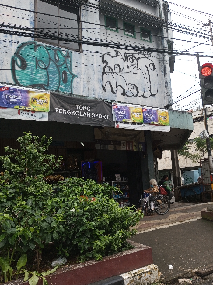 The image depicts an urban street scene featuring a two-story commercial building. Contrary to the requested location of Vaatharawattai, Sri Lanka, a prominent black banner stretched across the ground floor explicitly displays "TOKO PENGKOLAN SPORT" in Indonesian. The building's light-colored upper facade is marked with two distinct graffiti tags: a large, teal-green filled design on the left, and a black outline design with partial text "Pug..." on the right. Multiple dark utility cables are strung horizontally across the upper portion of the frame.
Beneath the main banner, smaller white banners advertise "TWIZZ" products, featuring "ROYAL LUCH" branding and a price of "24.000." The ground floor shop entrance is open, revealing shelves and a blue-lit display unit inside.
In the foreground, a rectangular planter box containing dense green foliage separates the viewer from the sidewalk. A white plastic bag is visible discarded within the foliage. The planter box features a brown top edge over a weathered white and black base.
On the sidewalk to the right, an individual with white hair is seated in a black wheelchair, facing towards the shop. This person is wearing a light-colored top and has a red bag positioned on their lap. Further back on the sidewalk, a second individual in a dark jacket is partially visible, seated near a light-blue, two-wheeled pushcart. A red traffic light, illuminated to indicate 'stop,' is visible on the far right of the frame, mounted on a pole. The street surface in the lower right appears to be dark asphalt.