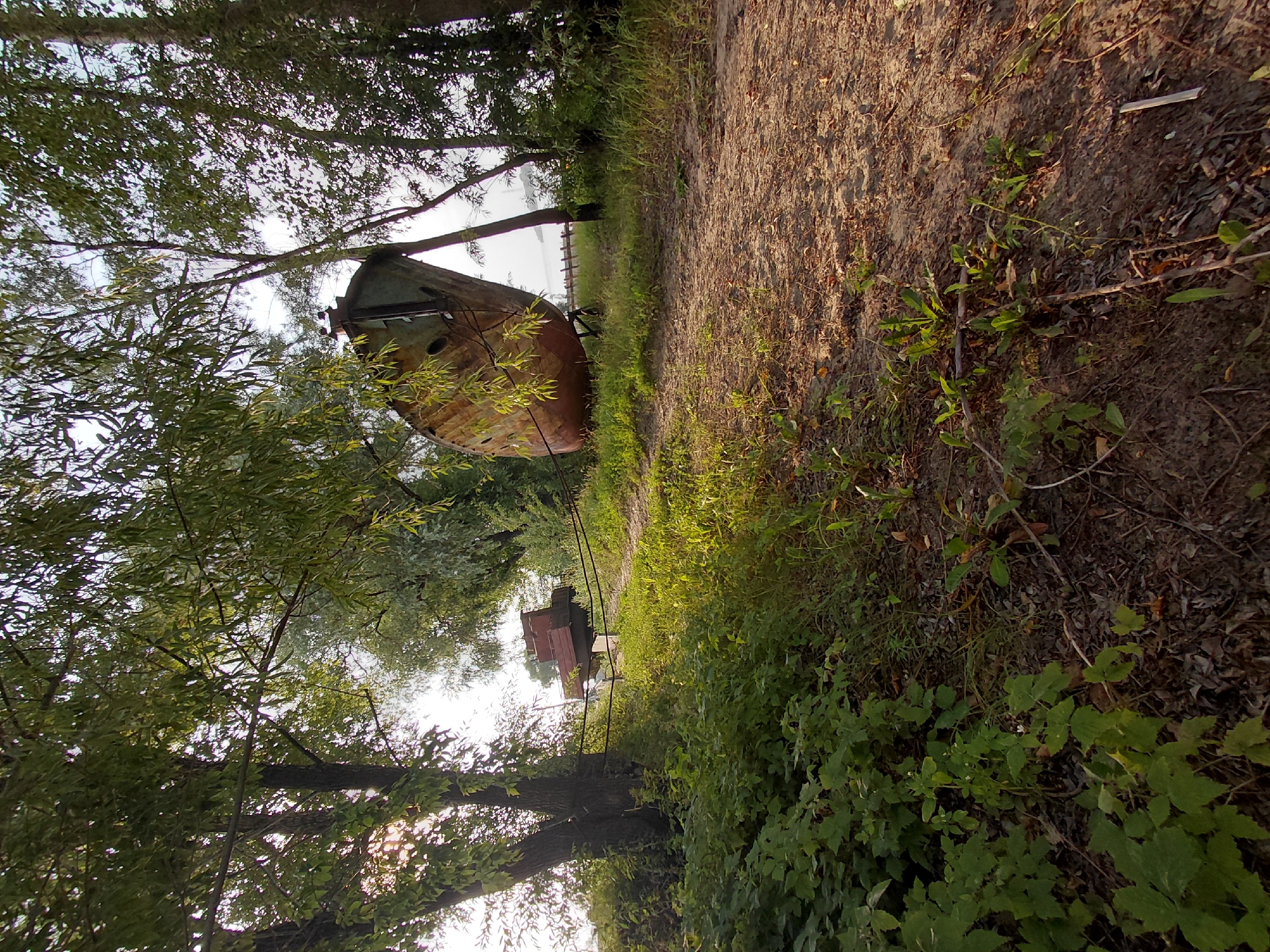 This image depicts an abandoned boat resting on a sandy embankment, surrounded by lush green foliage and trees. The boat, weathered and rusty, is tilted on its side, supported by wooden stands. Its hull shows signs of decay, with peeling paint and visible rust. A smaller, box-like structure is visible in the background, also appearing derelict. The environment suggests a rural or semi-abandoned area, possibly a riverbank or marshland. The lighting indicates it is either early morning or late afternoon, with the sun casting long shadows. The overall scene evokes a sense of neglect and the passage of time. Based on the provided location of Novosibirsk, Russia, this scene could be situated along the Ob River, a major waterway flowing through the city, or within its surrounding natural areas where such abandoned vessels might be found.