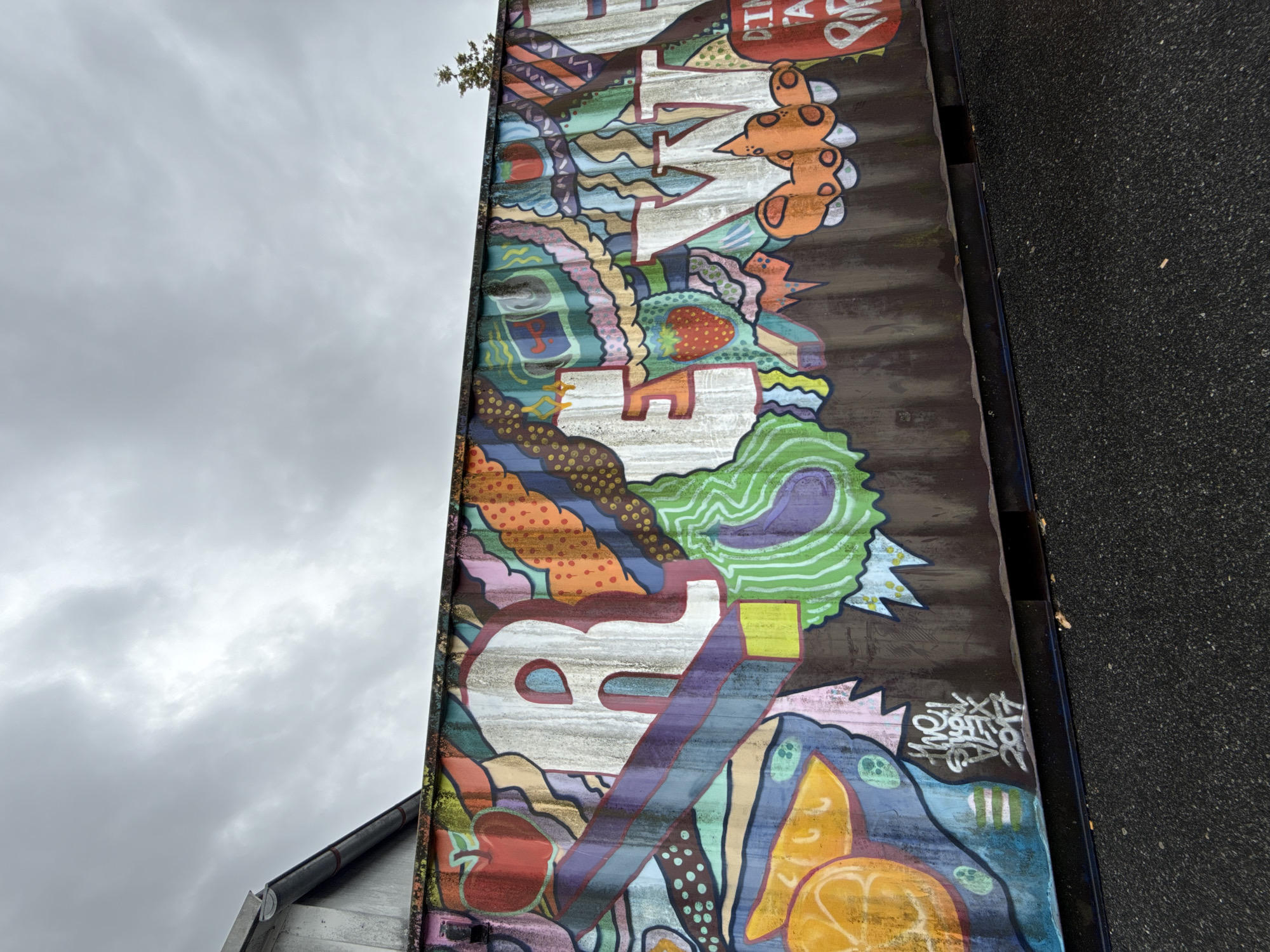 A graffiti-covered shipping container is visible in Bad Sachsa, Germany. The graffiti features the letters "R E V W E" in large, white, three-dimensional lettering, surrounded by colorful abstract patterns and images of fruit, such as apples, oranges, and strawberries. The top of the container is partially obscured by a building's gutter system and a grey, cloudy sky. The bottom of the container rests on a dark, asphalt surface. A small tree is visible above and to the right of the container. The graffiti includes a signature and the year "2017" in white lettering on the lower left side of the container.