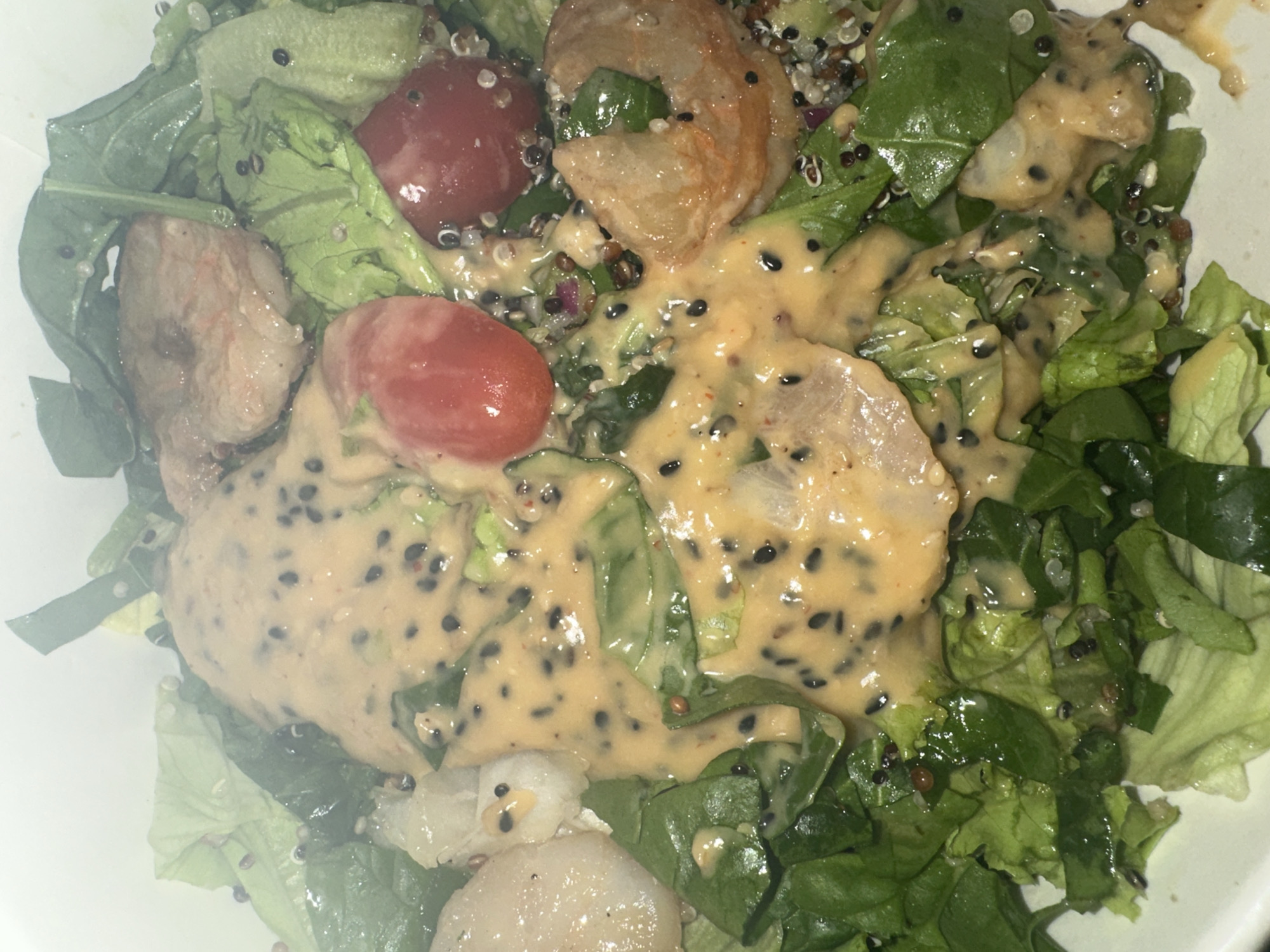 The image shows a close-up of a salad in a white bowl. The salad contains various types of green leafy vegetables, small red tomatoes cut in half, cooked shrimp, and quinoa. A beige-colored dressing with black seeds is drizzled over the salad. The photograph does not show any information about Sofia, Bulgaria.