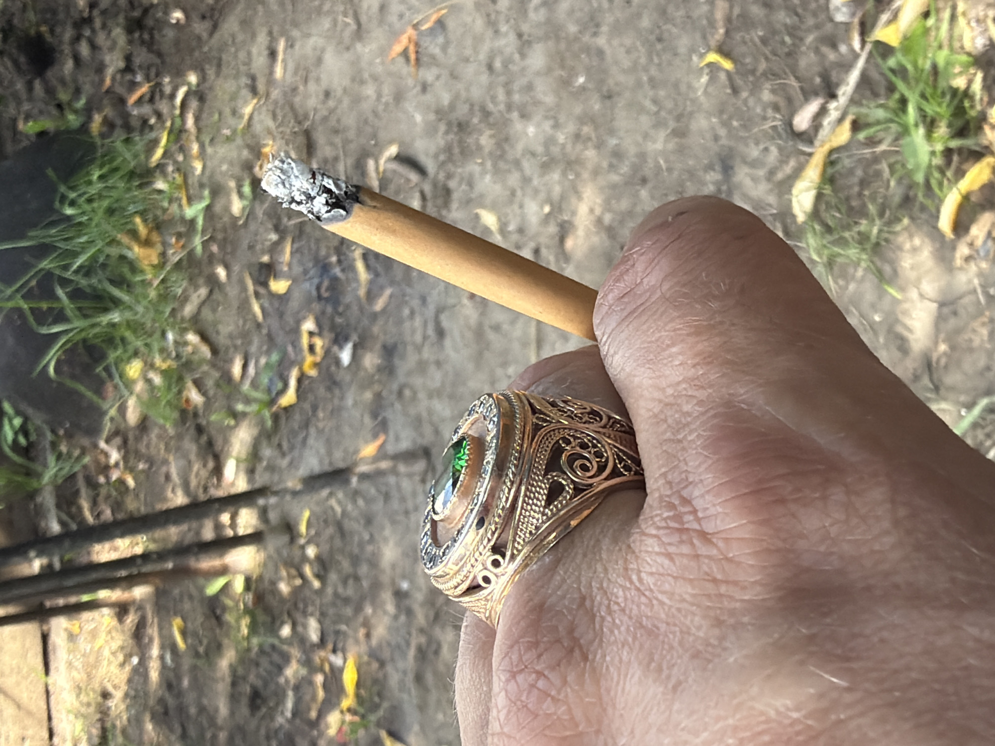 A hand is holding a lit cigarette. The cigarette is burning with ash at the tip. The hand is adorned with a large, ornate gold ring featuring a green gemstone. The background appears to be an outdoor setting with dry earth, scattered leaves, and some patches of green grass. The lighting suggests it is daytime, possibly late afternoon or early morning given the angle of the light and shadows. The overall impression is one of a casual, possibly solitary moment outdoors. No visible text is present in the image.