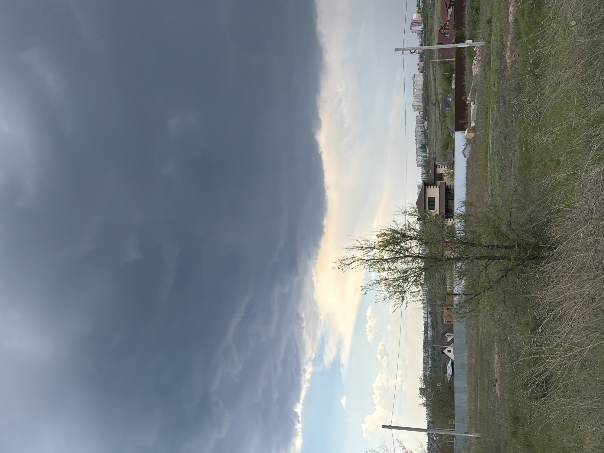 The image captures a stark contrast in weather over Kamyshin, Russia. To the left, a massive, dark storm cloud formation dominates the sky. To the right, relatively clear sky is visible above a residential area. The foreground features a grassy field with sparse vegetation and a leafless tree. Houses with different roof styles are scattered in the background. Electrical power lines are visible. The scene depicts an impending weather event, as one half of the frame is filled with a heavy storm cloud.