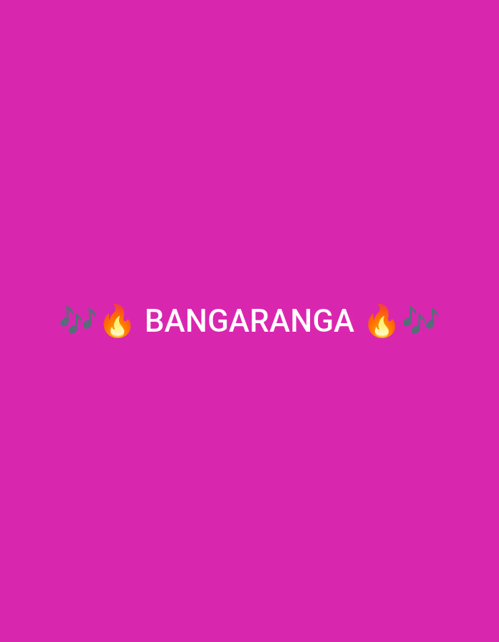 The image displays a digital graphic on a solid magenta background. Centered horizontally, white uppercase sans-serif text reads "BANGARANGA." To the immediate left of the text, a pair of green musical notes (♪♪) is followed by a vibrant orange and red flame emoji (🔥). Symmetrically, to the immediate right of the text, another orange and red flame emoji (🔥) is followed by a pair of green musical notes (♪♪). The graphic does not depict any physical environment, landscape, or structures, therefore it is not possible to identify a location within the city of Dolishte, Bulgaria, or any other geographical area.