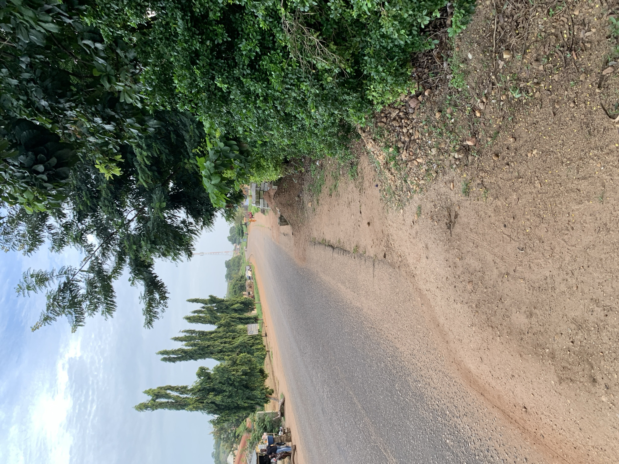 The image captures a dusty, rural road in Kabba, Nigeria, on what appears to be an overcast day. The road is paved with asphalt and bordered by sandy soil and sparse vegetation. On the left side of the road, a few structures, possibly market stalls or small shops, are visible, with two individuals standing near one of them. A line of tall, slender cypress trees stands opposite these structures. The right side of the road is dominated by a thick growth of lush green bushes and trees, obscuring much of the background. Further down the road, the terrain appears to be gently sloping, with more buildings and trees visible in the distance, along with a telecommunications tower. The overall impression is one of a quiet, semirural setting.