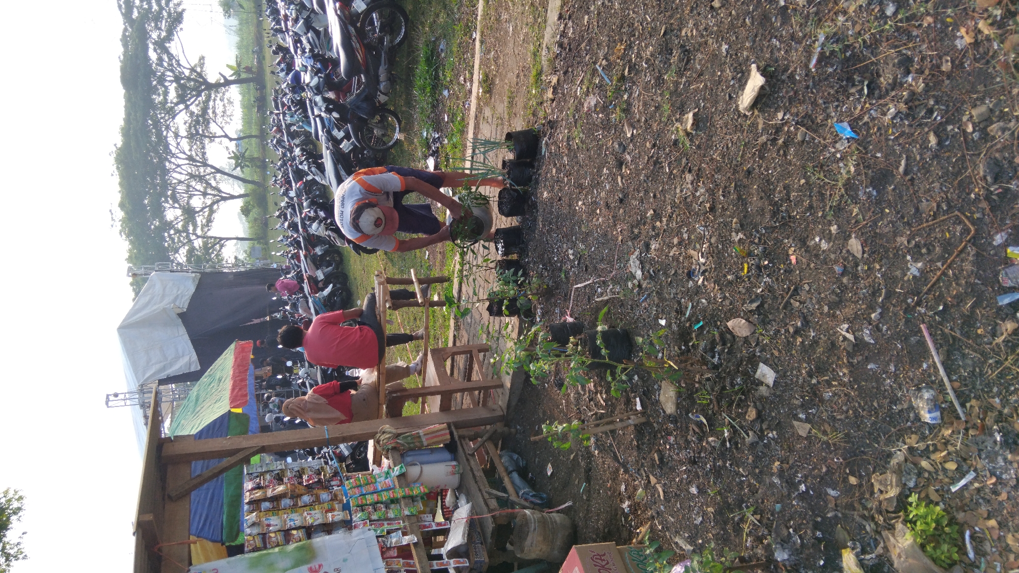 In Sembojo, Indonesia, a man wearing an orange and white shirt and a white cap crouches to water plants in small black bags arranged on the ground. He holds a green watering can in his right hand. In the background, a large, white tent structure with a dark tarp extends behind a temporary stall selling packaged goods. Two individuals are seated on a wooden bench near the stall, one wearing a red shirt and the other a light brown headscarf and a red top. A densely packed parking lot filled with motorcycles is visible behind them, stretching towards a line of trees in the distance. The foreground of the image is a patch of dry, uneven ground littered with debris and small green plants growing from the soil.