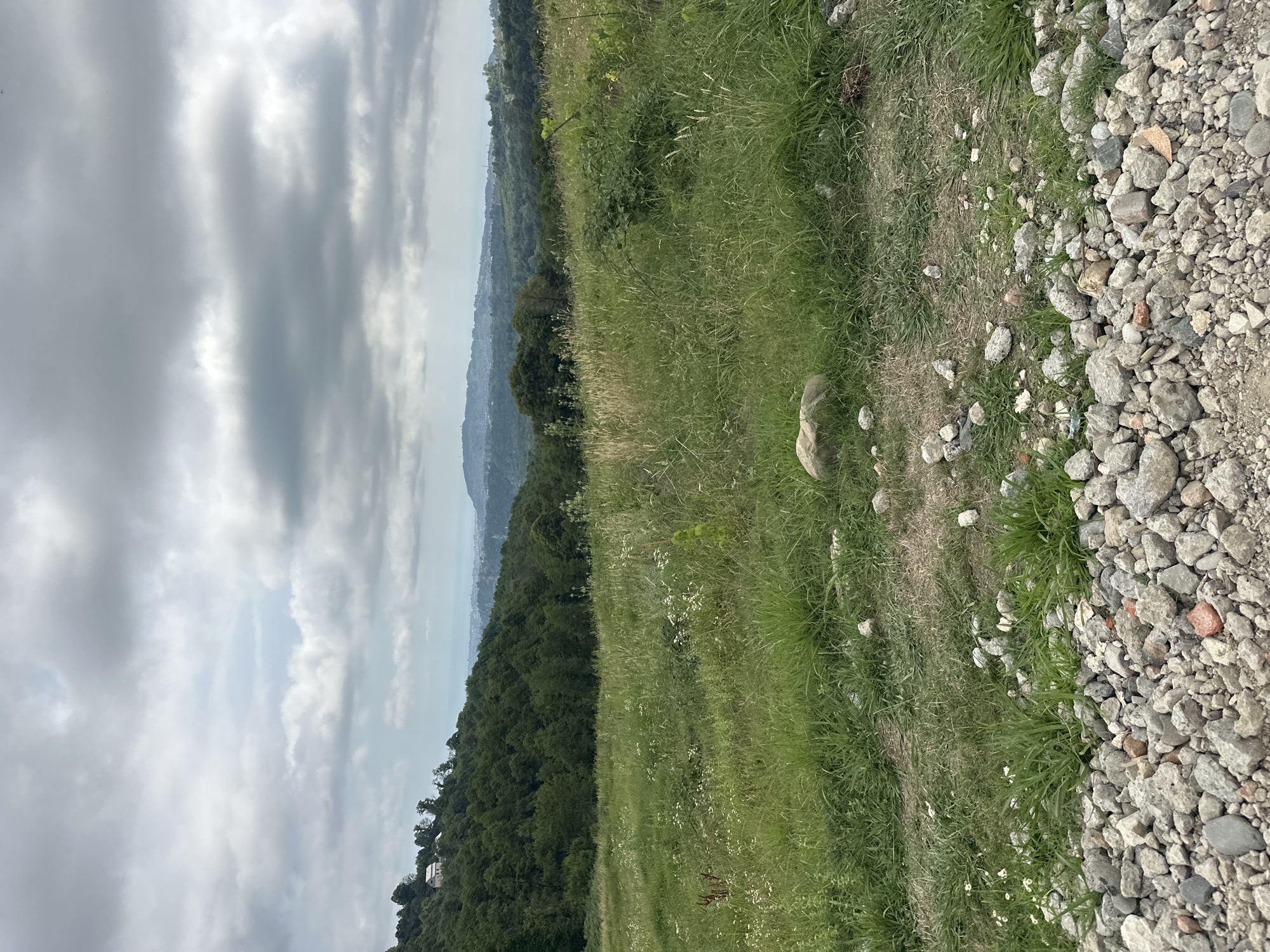 A wide, overcast sky dominates the upper portion of the image, with large, gray clouds filling the frame. Below the sky, a rolling landscape unfolds, characterized by lush green hills covered in dense forest. In the middle ground, a grassy field slopes gently, dotted with wildflowers. A few scattered rocks and a larger boulder are visible in the foreground, on a path or embankment made of gravel and smaller stones. In the distance, the landscape recedes into a hazy horizon, with faint outlines of hills and a body of water. A small, white building is visible on the crest of a forested hill in the upper left of the image. The scene is natural and appears to be an outdoor landscape. No people or animals are visible in the image. The location is identified as Nizhnyaya Shilovka, Russia.