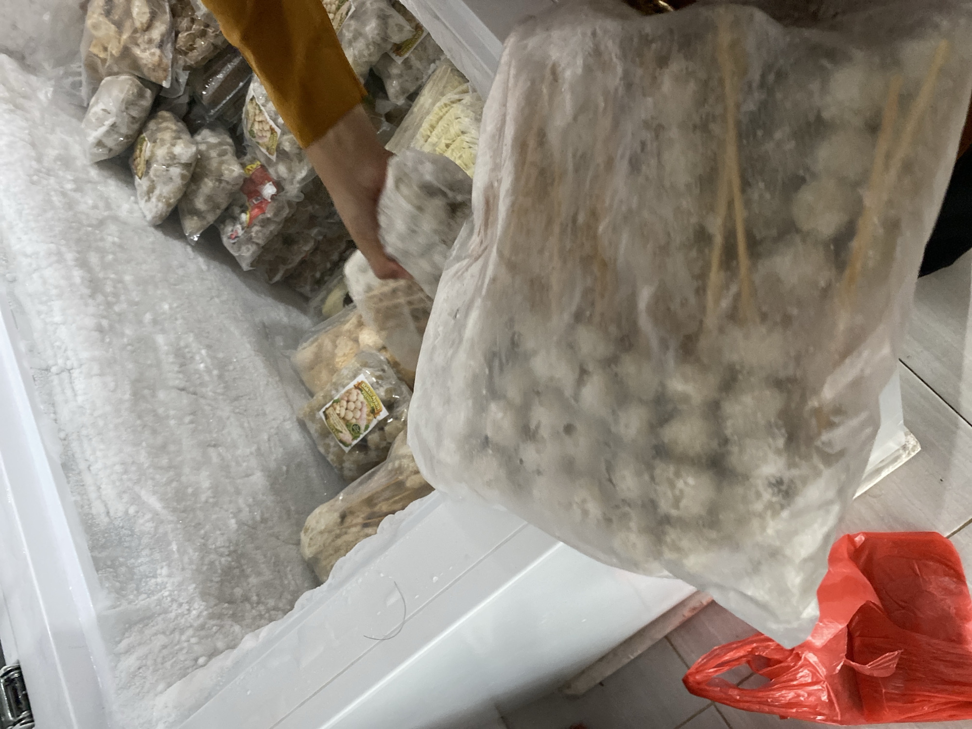 A person's arm, wearing a mustard-colored sleeve, is visible on the left side of the image, holding a large, frosted plastic bag filled with frozen food items. The bag is being lifted out of a white, frosted freezer chest. Inside the bag, multiple skewers with spherical food items, likely meatballs, are visible. The freezer chest is filled with various other frozen food packages. A bright red plastic bag lies on the floor to the right of the freezer. The scene appears to be in a commercial or home freezer setting, possibly in Payatieng, Indonesia.