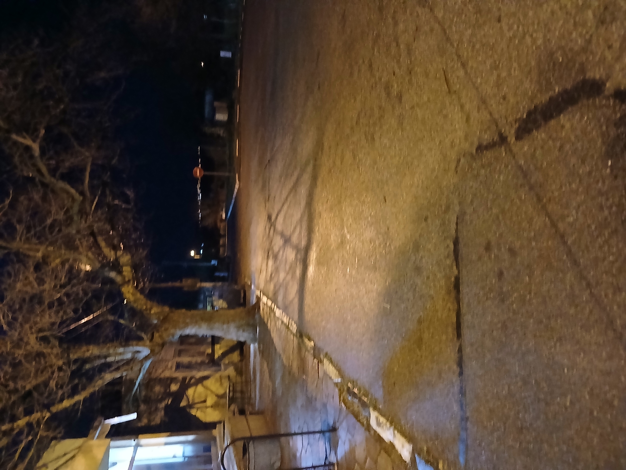 The image depicts a dark, possibly night-time scene in Malko Chochoveni, Bulgaria. The foreground is a paved surface, likely a road or walkway. The paving appears uneven and possibly damp, with indistinct markings or shadows. A low barrier or curb runs along the edge of the paved area, partially obscured by shadows and debris. To the left, bare tree branches are visible against a dark sky. Distant streetlights or building lights provide a minimal source of illumination, casting faint shadows across the pavement. The image's composition suggests a low vantage point, possibly taken from ground level. No people or animals are visible in the frame.