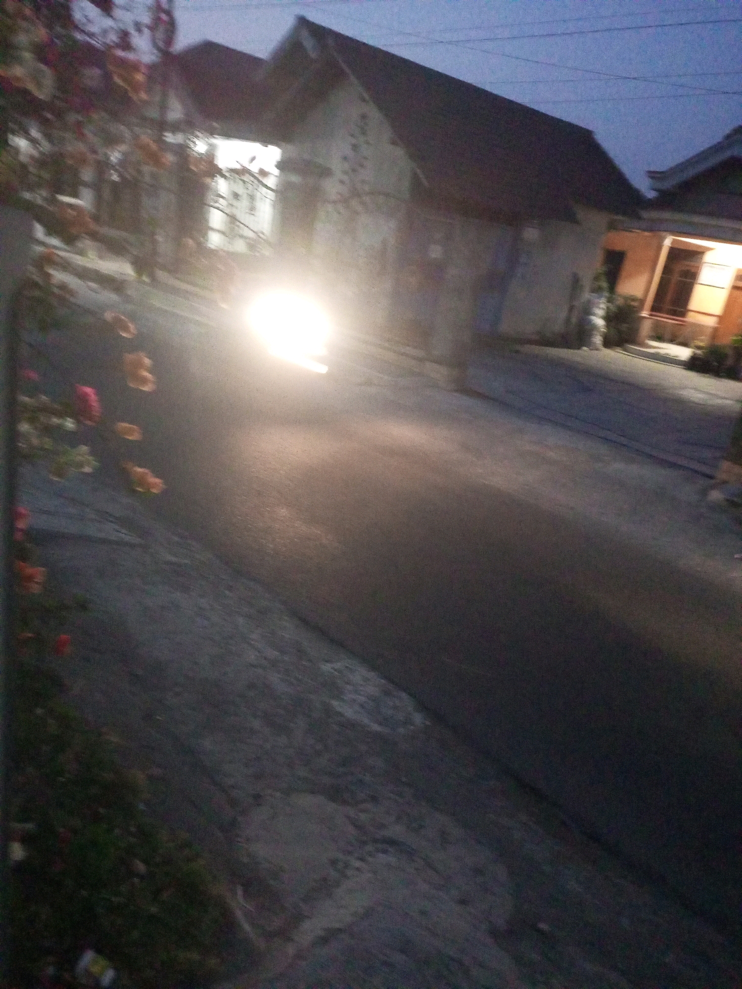 The image captures a street scene in Ngasem, Indonesia, at dusk. A bright headlight from an approaching vehicle illuminates the asphalt road, creating a strong glare that washes out details of the immediate foreground. On the left side of the road, a dark embankment is visible, with some greenery and what appears to be a cluster of red flowers. Beyond the embankment, a building with a dark, sloped roof and lighter colored walls is partially obscured by the glare. A second building, also with a dark roof and lighter walls, is visible further down the street on the right, with an illuminated window area suggesting indoor lighting. Power lines are faintly visible against the twilight sky. The overall impression is of a quiet residential street at the beginning of the evening.