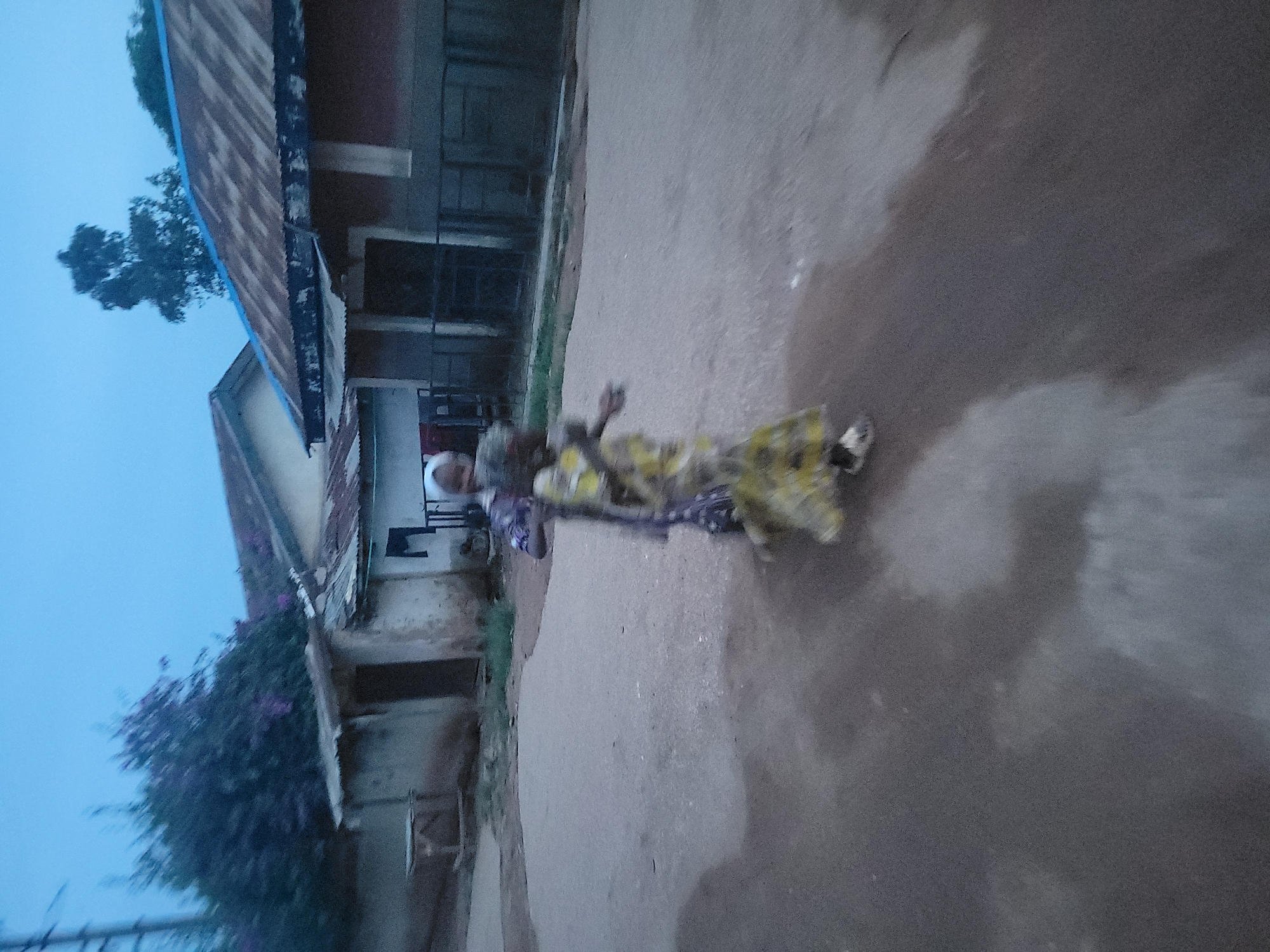 In the city of Jos, Nigeria, two individuals are captured in motion on a dirt road under a twilight sky. The primary subject, a person wearing a patterned yellow and white dress, is blurred by movement and appears to be walking towards the right of the frame. A second individual, also blurred, is positioned behind and to the left of the first, wearing a dark garment and a white head covering. They are walking together, suggesting a shared journey.
The environment comprises simple, rustic structures with corrugated metal roofs, indicative of a residential or commercial area within Jos. Some of these buildings appear aged, with weathered walls. The ground is a mix of compacted dirt and patches of wetness, reflecting the diffused light. Vegetation, including trees with dark foliage and some flowering plants in shades of purple, is visible in the background, adding a natural element to the urban landscape. The overall scene is dimly lit, suggesting it is either early morning or late evening.