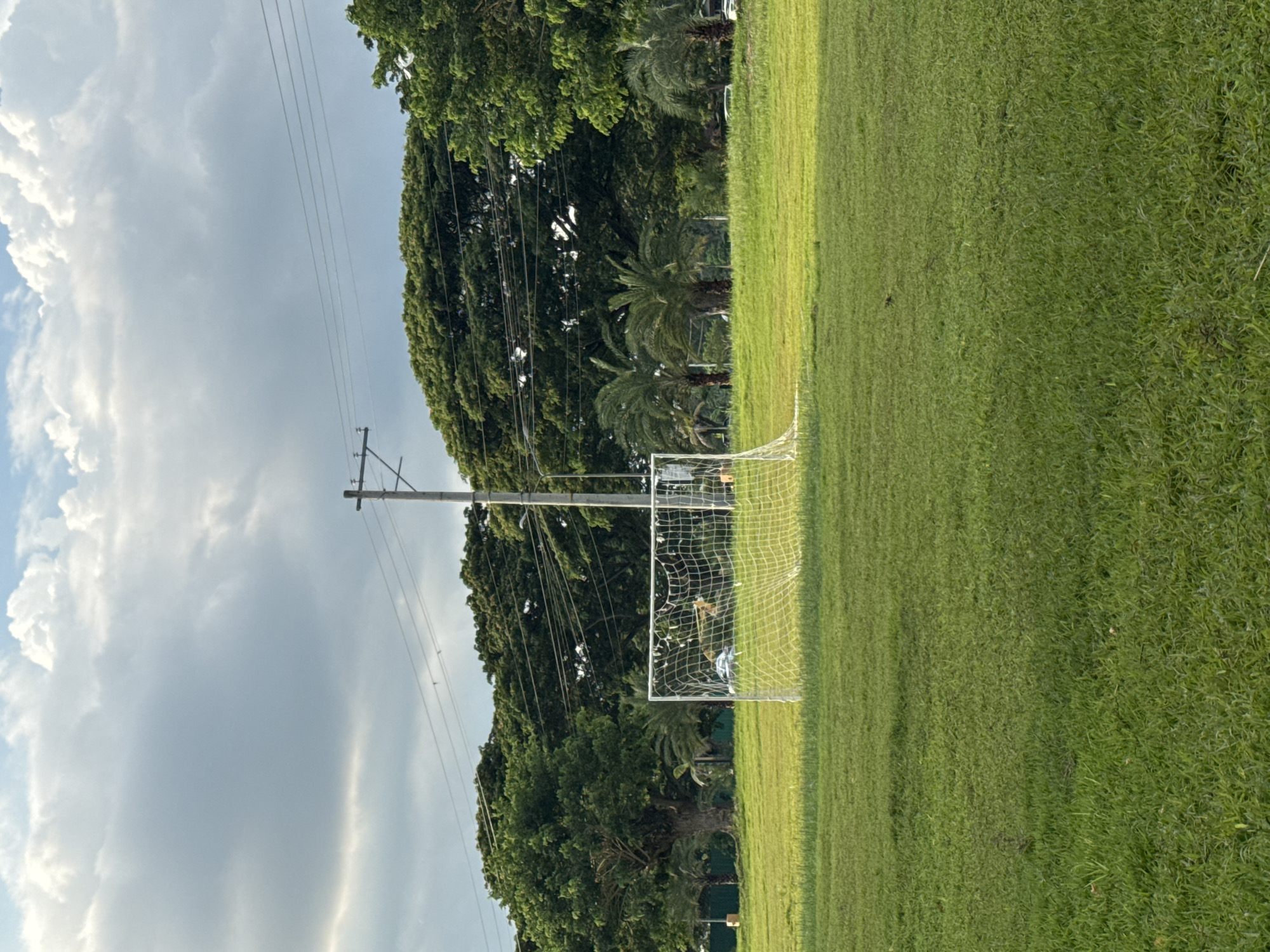 An outdoor full shot captures a well-maintained soccer field under a cloudy sky. In the foreground, a white soccer goal with netting stands prominently, situated on a lush green grassy field. The field extends into the background, where a line of dense green trees forms a natural backdrop. A utility pole with electrical wires runs across the middle ground, adding a man-made element to the otherwise natural landscape. The lighting suggests it is either early morning or late afternoon, with the sun casting a gentle glow on the grass. The scene appears serene and tranquil, possibly a park or recreational area within Davao City, Philippines, given the tropical vegetation and climate suggested by the lush greenery and palm trees. No people are visible in the image.