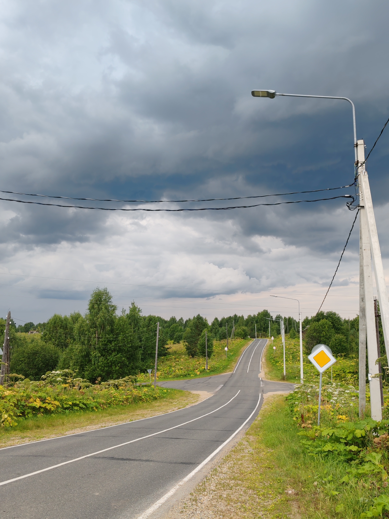 This is a vertical, eye-level, medium shot of a paved, two-lane road winding uphill through a rural landscape under a heavily overcast sky. The road has white dashed lines marking the lanes and a solid white line on the right edge. On the left side of the road, there is tall green grass and plants, some with large leaves. On the right side of the road, there is a yellow diamond-shaped road sign with a white border. Further back, on both sides of the road, is a dense forest of green deciduous trees. Several power poles with wires are visible along the road, and at least two streetlights are mounted on poles. One prominent power pole is in the foreground on the right, and another is on the left. The sky is filled with dark, dramatic storm clouds, suggesting impending rain. The location is identified as Chukhlem, Russia. There are no people or animals visible in the image. The scene depicts a quiet, rural road on a stormy day.