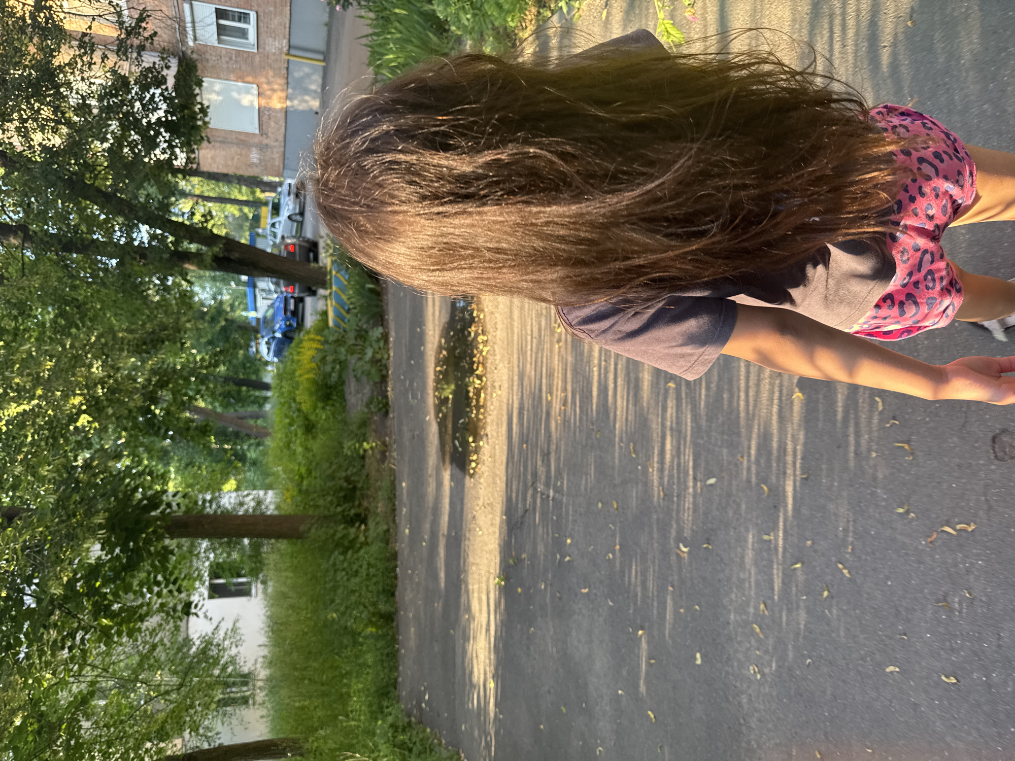 A young girl with long, dark brown hair stands with her back to the camera on a paved surface in what appears to be a residential area. She is wearing a dark t-shirt and pink leopard-print shorts. The sun is low in the sky, casting long shadows from trees and creating dappled light on the ground. In the background, there are brick apartment buildings, lush green trees, and several parked cars. A small puddle of water is visible on the pavement. The overall scene suggests a peaceful, late afternoon or early evening setting.