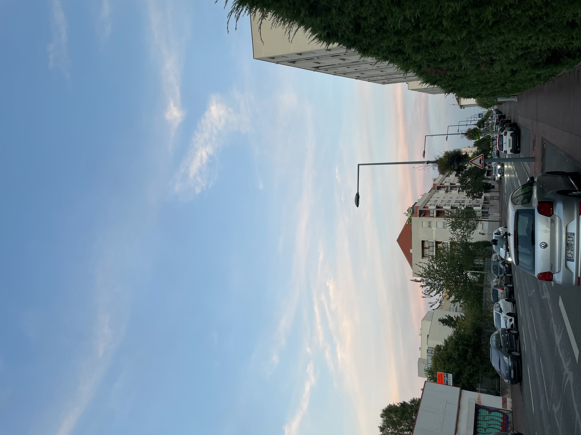 A street scene in Vénissieux, France, shows a street lined with apartment buildings and a dense evergreen hedge. Cars are parked along the side of the road and a few are driving on the street. The sky above is a pale blue with wispy pink and white clouds, suggesting it is either sunrise or sunset. A street light is visible in the distance. On the left side of the street, a white building with graffiti can be seen, along with a "LOCATION IMMOBILIÈRE" sign. A silver Volkswagen Polo is in the foreground, facing away from the camera, with a license plate displaying "EJ 200 LY".