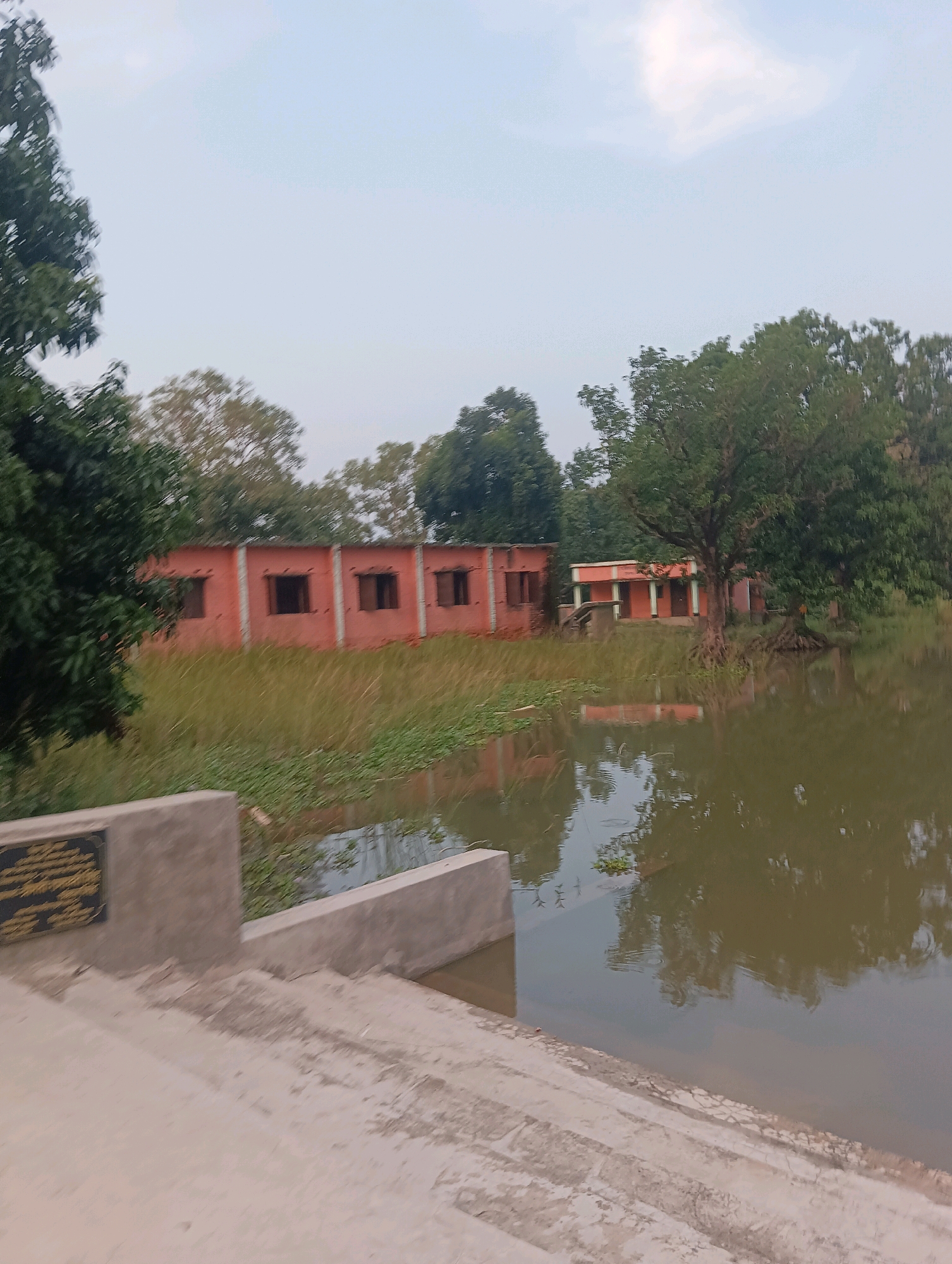 This image depicts a partially flooded rural area, likely near the city of Kesari, India. The scene is dominated by water, with a large body of still water occupying the lower right portion of the frame, reflecting trees and a building. On the left bank of the water, there is a concrete structure with a plaque. Further back, a long, single-story building with a reddish-orange facade and dark windows is visible, surrounded by tall grass and vegetation. To the right of this building, another smaller, similar-colored structure is present, and large trees with exposed roots are scattered throughout the landscape. The sky is overcast and hazy. No people are visible in the image.
